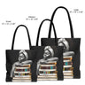 Afrocentric canvas tote bag featuring a peaceful Black woman embracing books, symbolizing education, knowledge, freedom, and generational legacy.