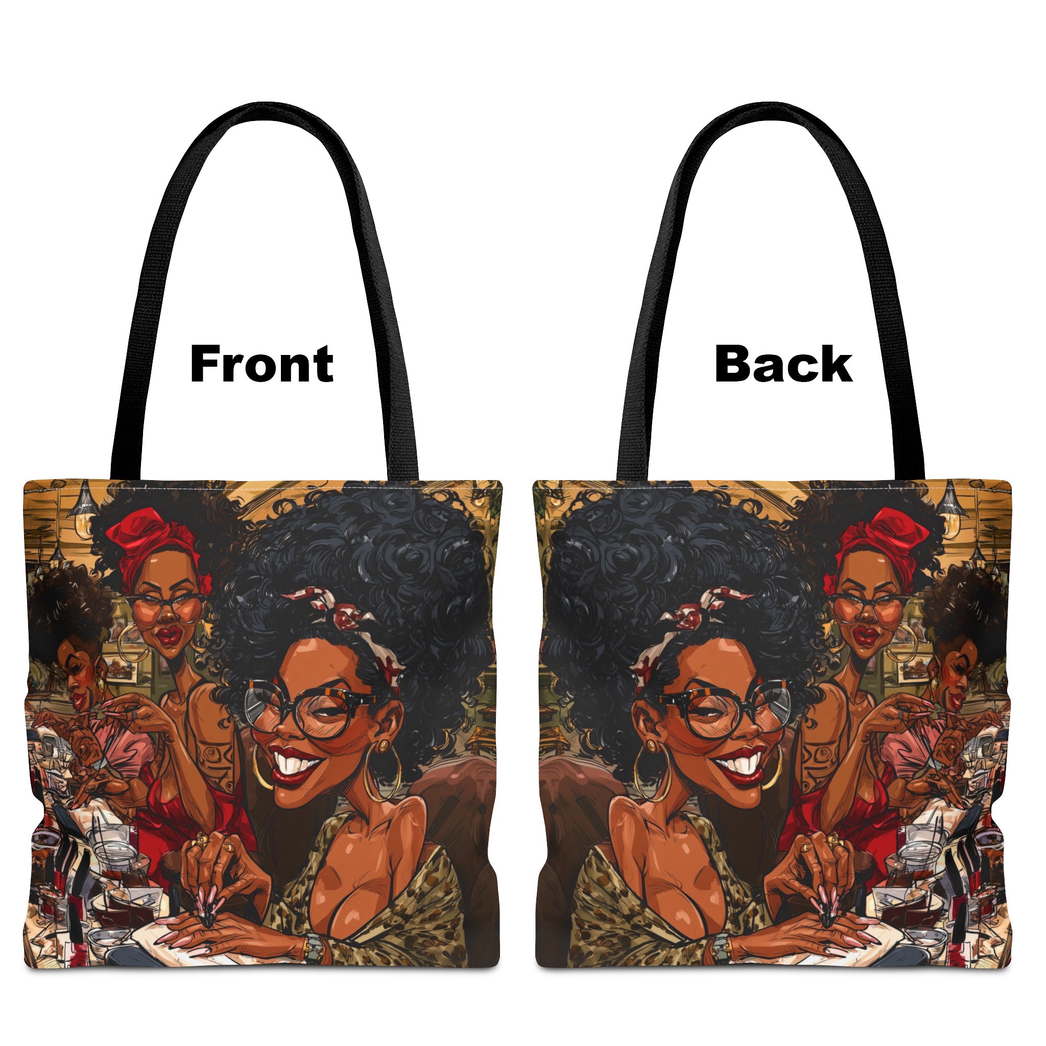Front and back views of Black Women Nail Salon tote bag featuring colorful artwork of stylish Black women getting manicures together with nail polish and beauty accessories, displayed against a white background.
