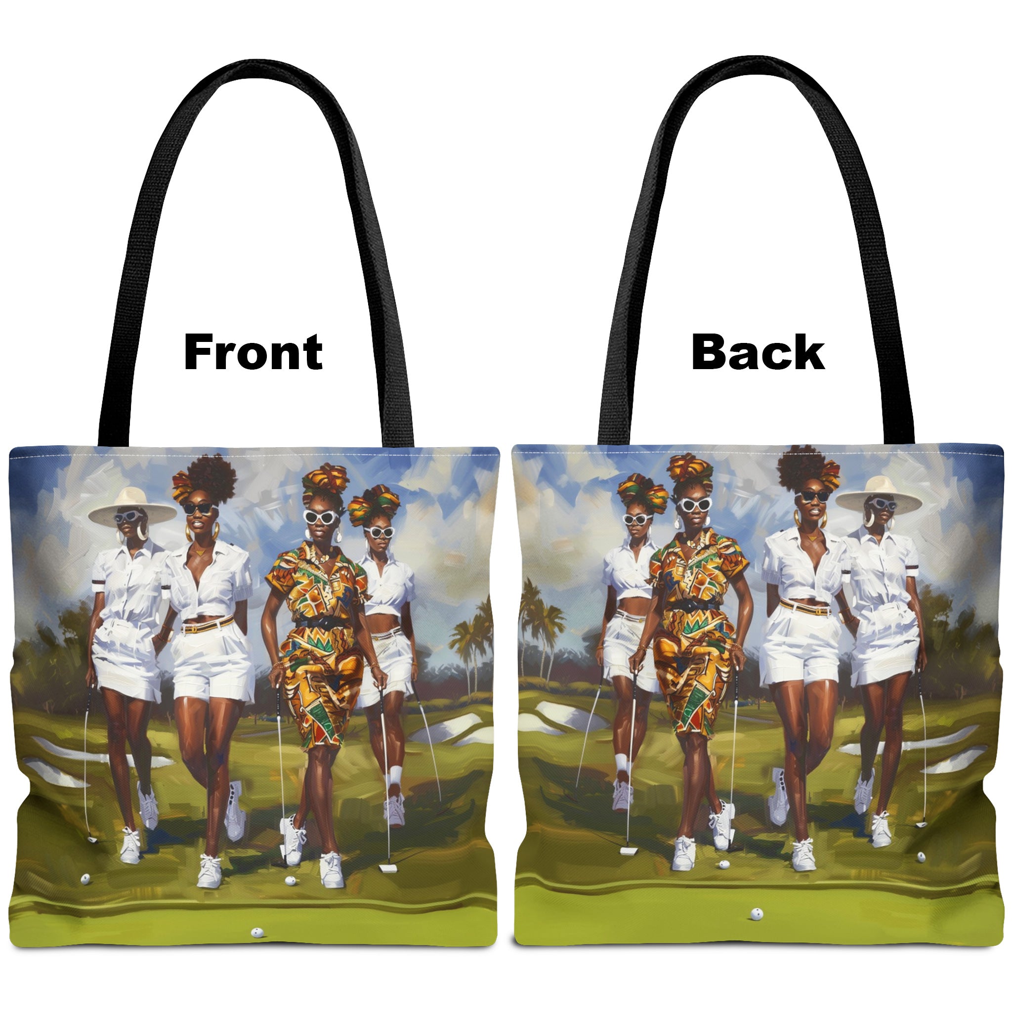 Afrocentric canvas tote bag featuring stylish Black women playing golf on a lush green golf course, celebrating leisure, sisterhood, strength, and team spirit.