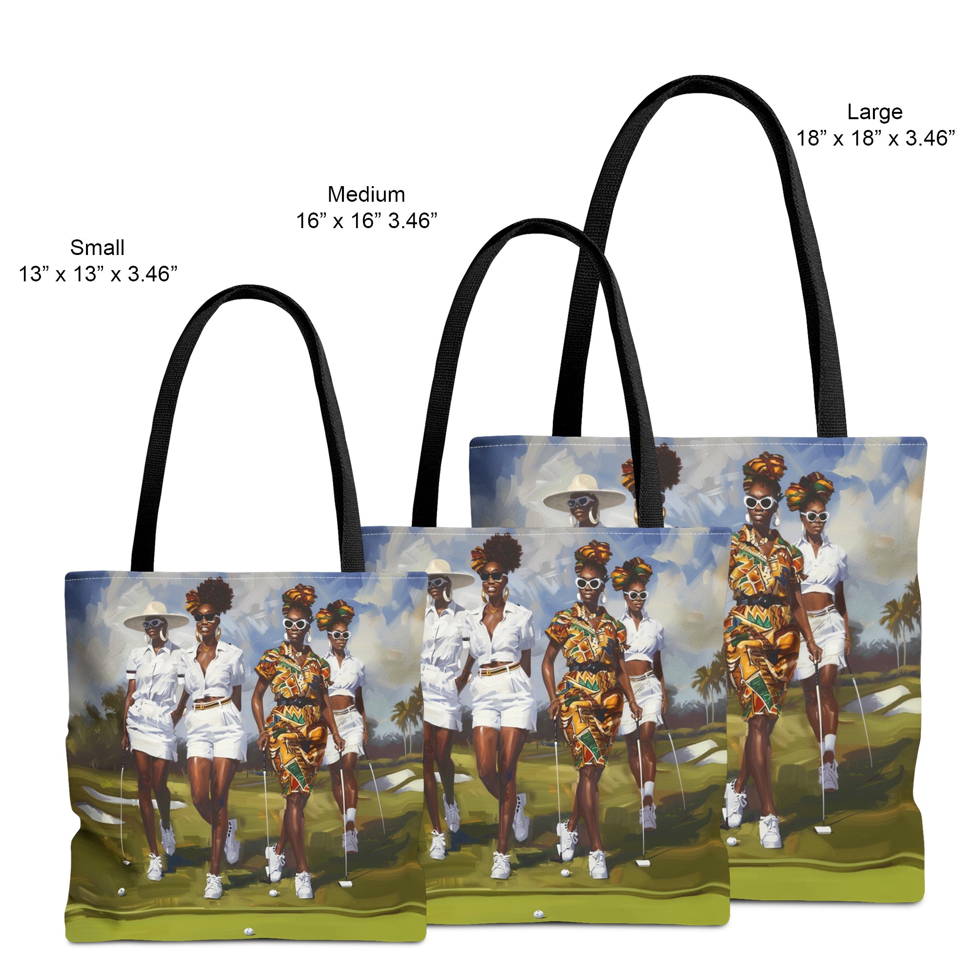 Afrocentric canvas tote bag featuring stylish Black women playing golf on a lush green golf course, celebrating leisure, sisterhood, strength, and team spirit.