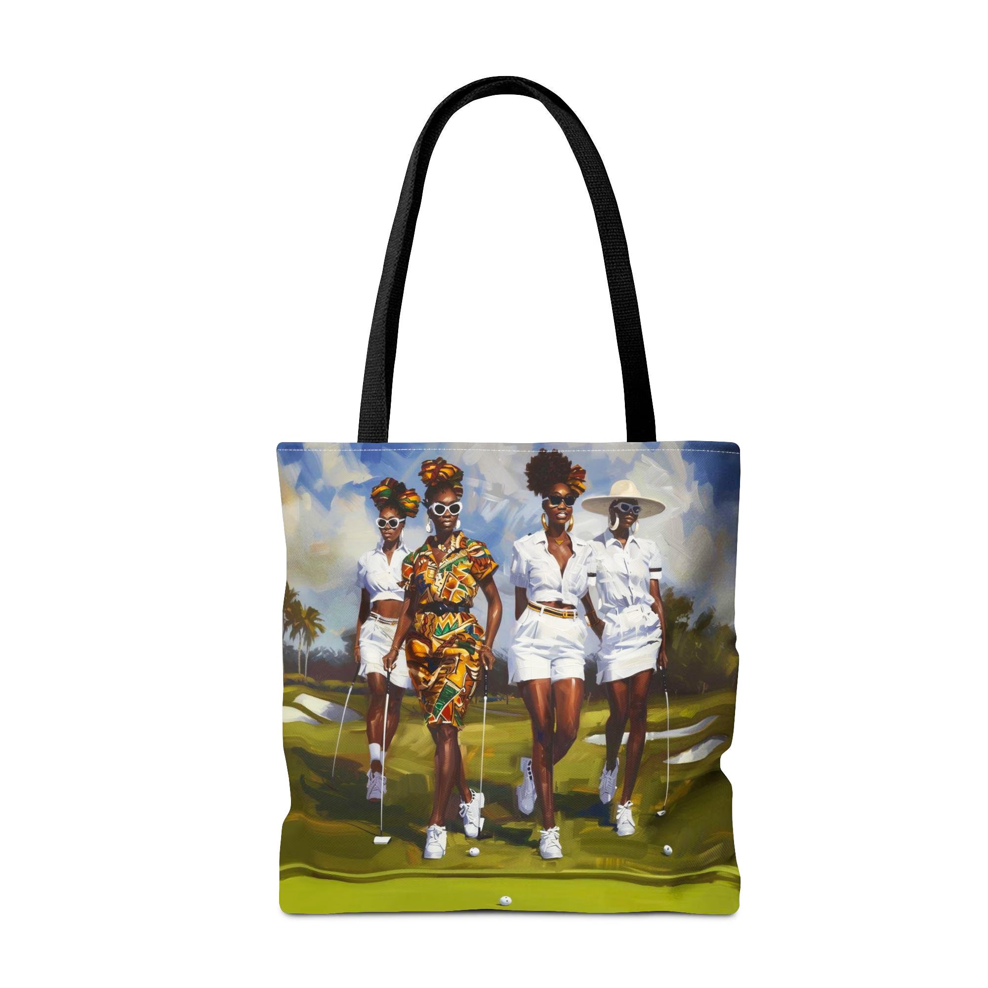 Afrocentric canvas tote bag featuring stylish Black women playing golf on a lush green golf course, celebrating leisure, sisterhood, strength, and team spirit.