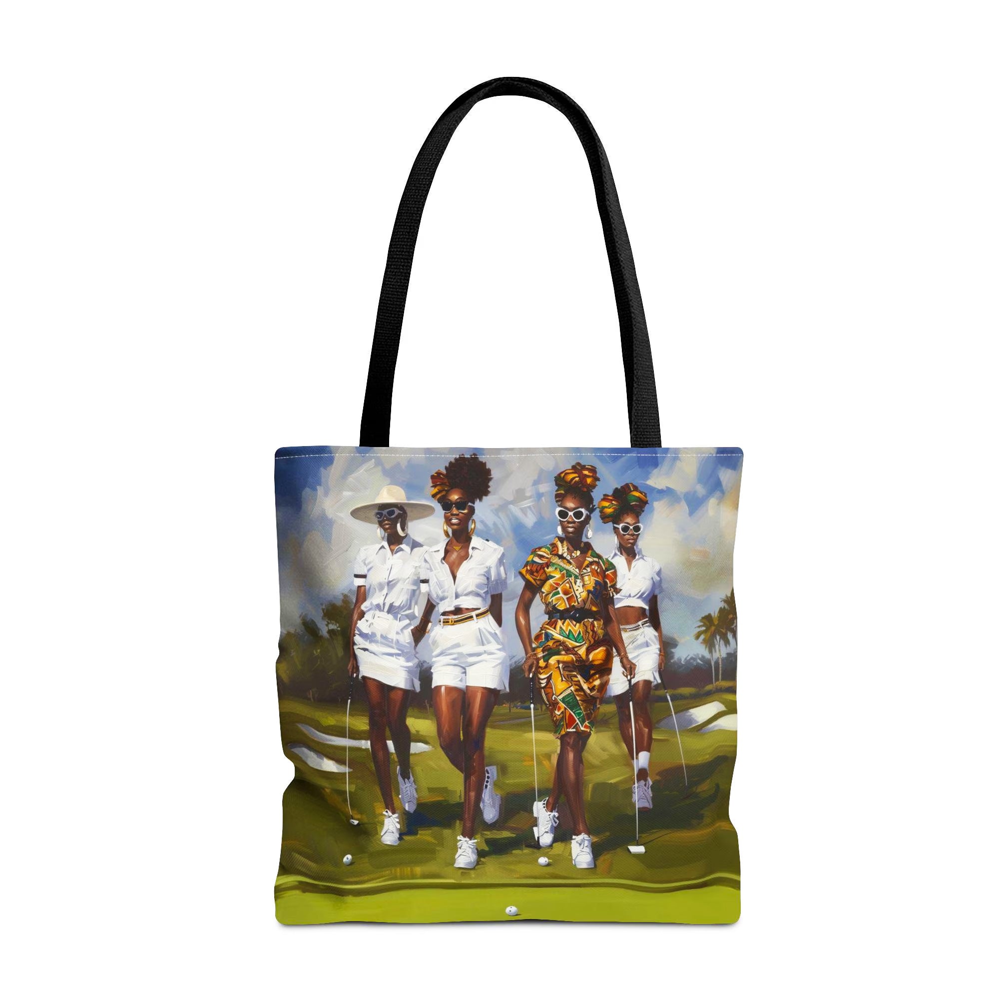 Afrocentric canvas tote bag featuring stylish Black women playing golf on a lush green golf course, celebrating leisure, sisterhood, strength, and team spirit.