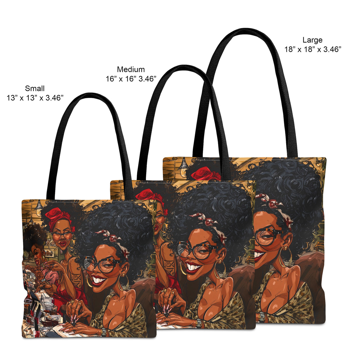 Small, medium and large sizes of the Black Women Nail Salon tote bag featuring colorful artwork of stylish Black women getting manicures together with nail polish and beauty accessories, displayed against a white background.