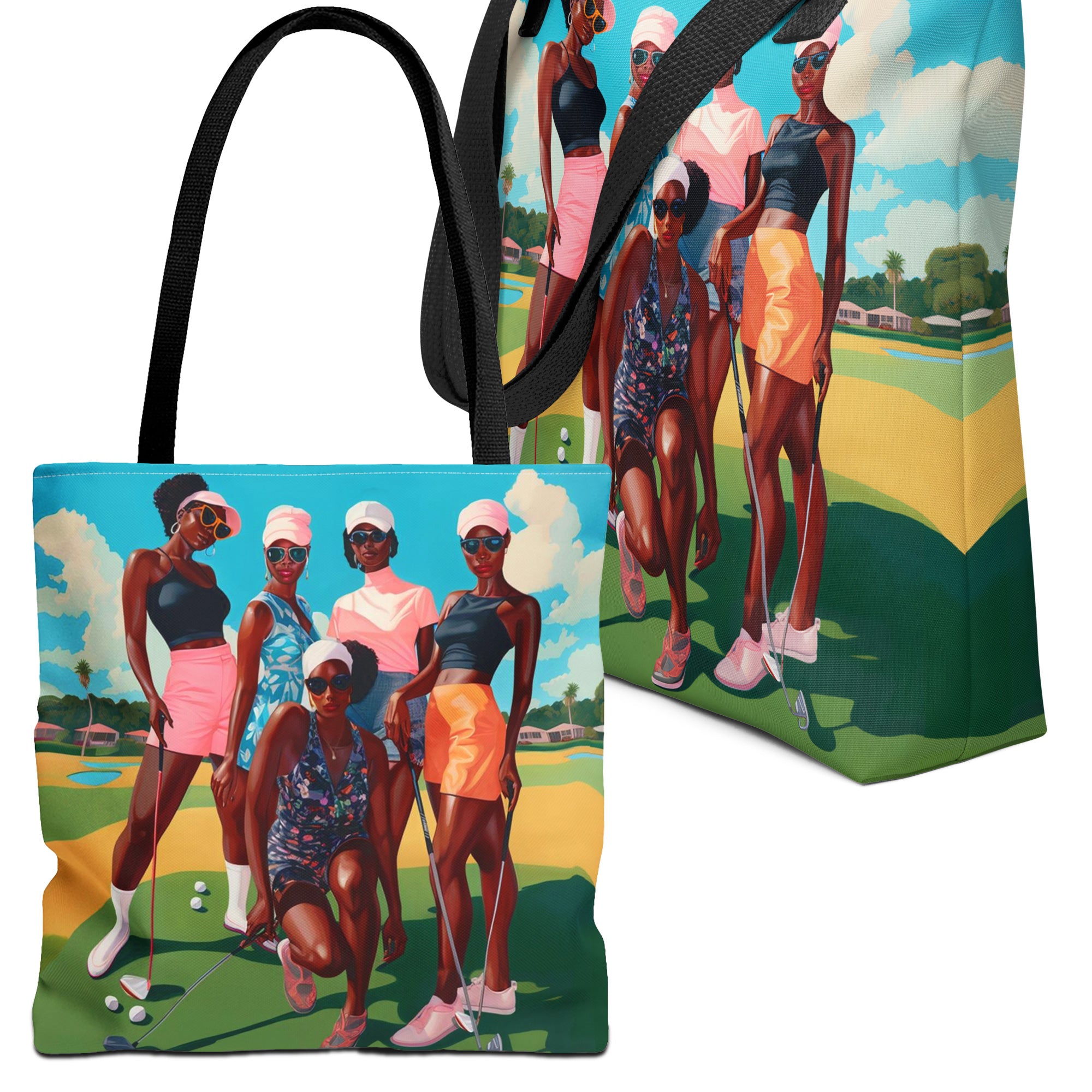 Black Women Golfers Tote Bag - front and side view.