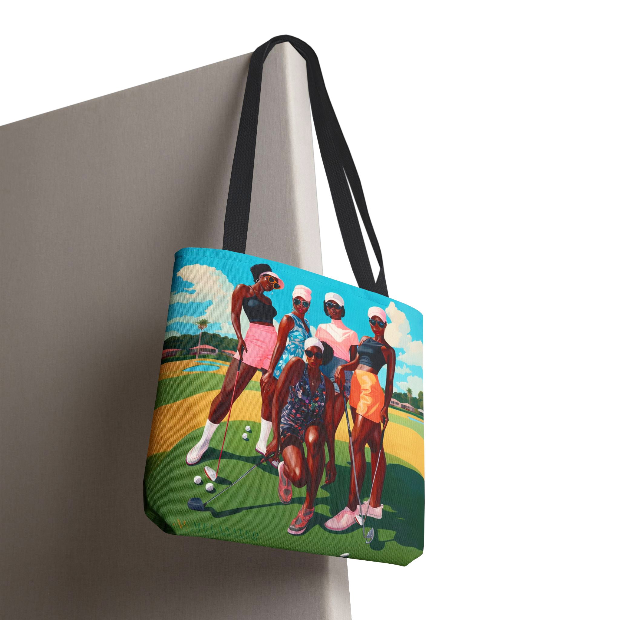 Black Women Golfers Tote Bag featuring artistic golf-inspired imagery celebrating Black women who golf. A stylish and functional bag perfect for shopping, library books, and golf essentials.