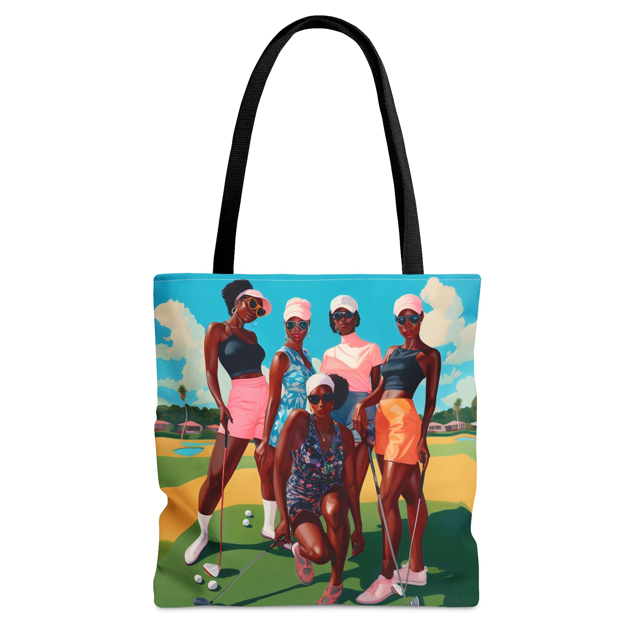 Front view of tote bag featuring a group of black women golfers playing a round of golf on the course. 