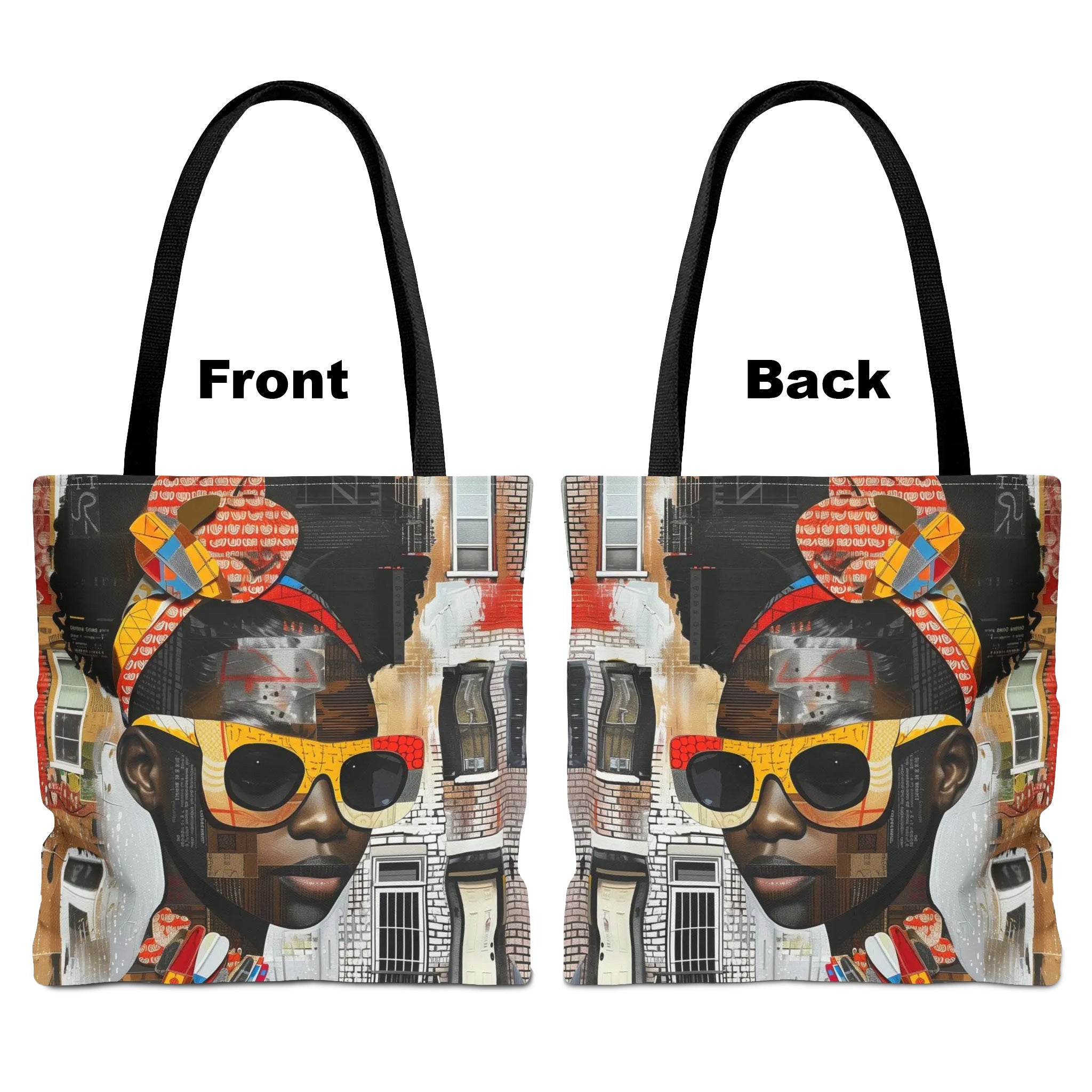 Front and back views of a tote bag with black handles, featuring a stylized collage portrait of a young black woman in sunglasses and a patterned headwrap against a city building background.