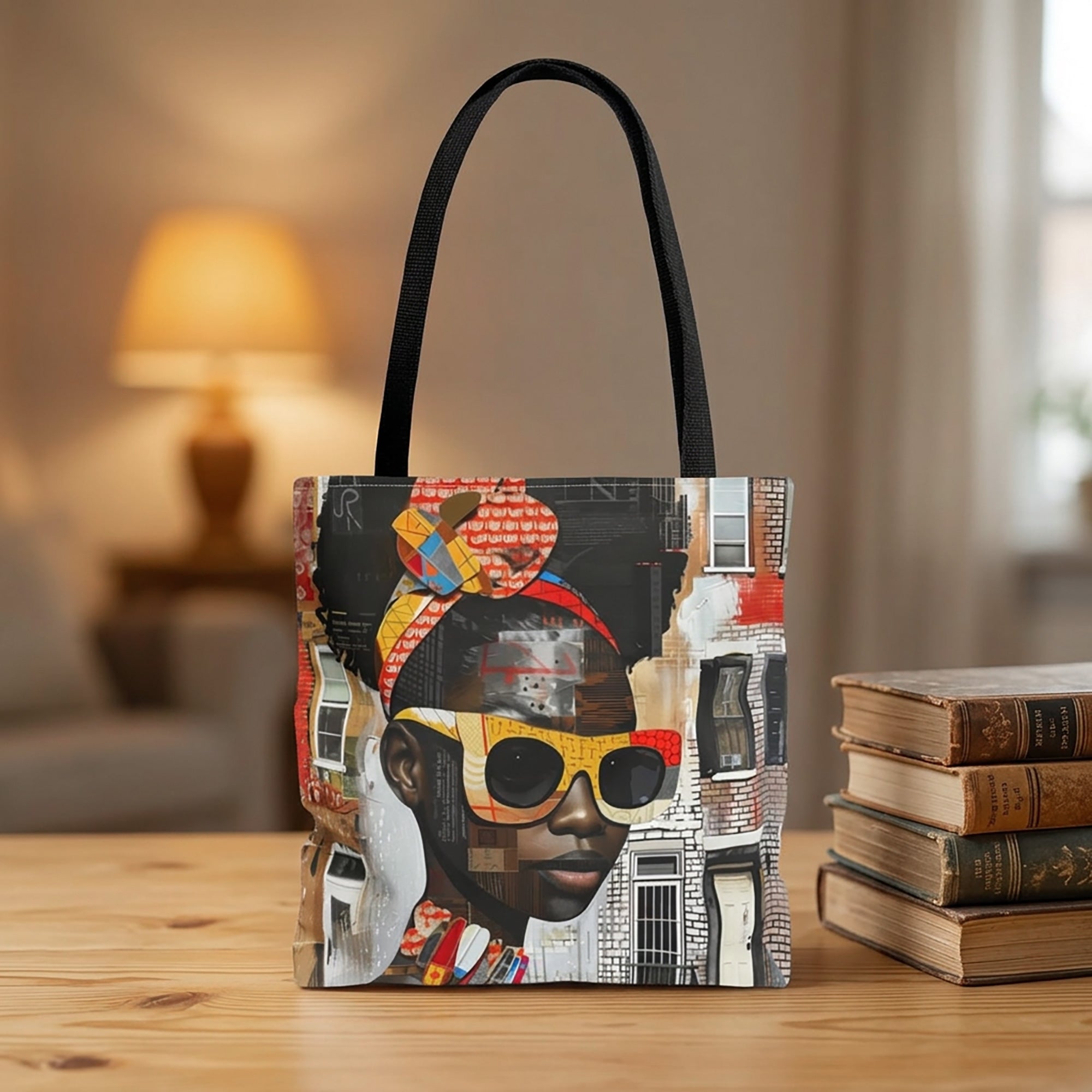 A tote bag with a black handle and a detailed multicolor collage print of a young, stylish black woman in sunglasses, styled on a wooden table next to a stack of books with a warm, softly blurred background.
