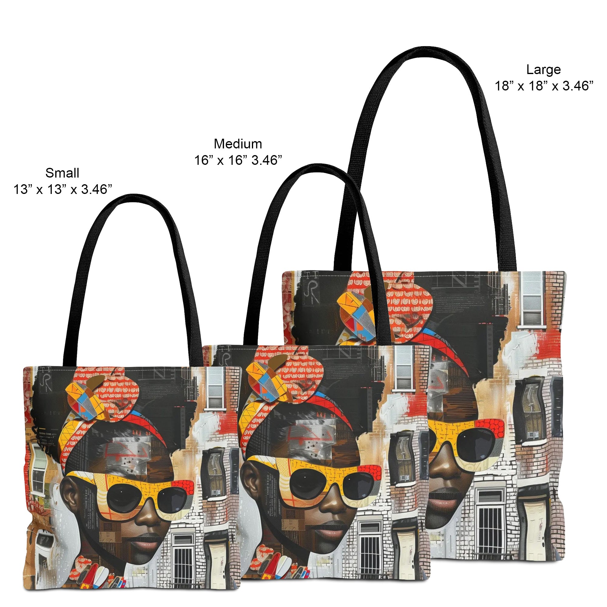 Three tote bags in Small, Medium, and Large sizes, all featuring a colorful collage print of a young black woman in sunglasses and city buildings, with black handles on a white background.