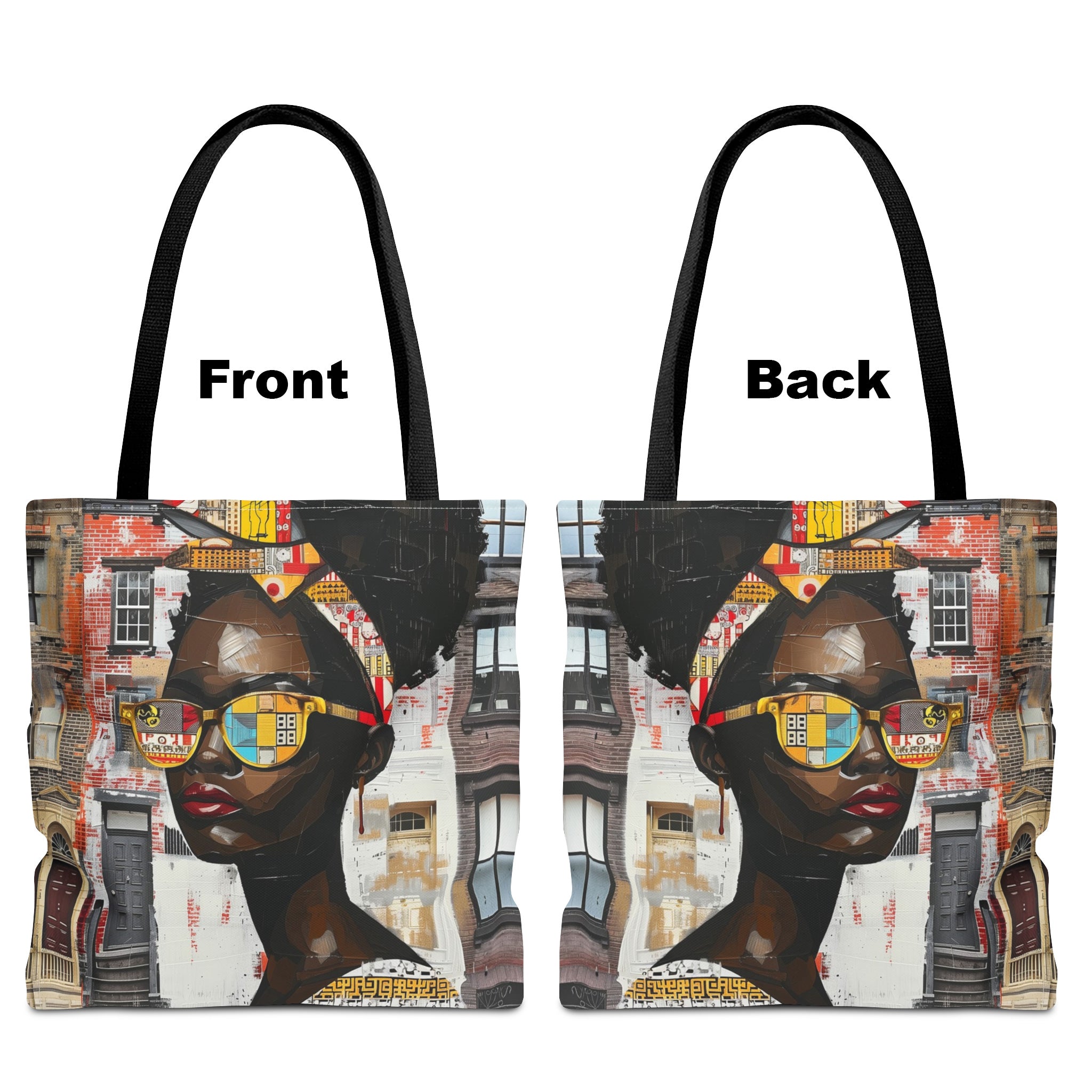 Two tote bags shown side by side labeled Front and Back, each featuring a printed portrait of a Black woman wearing colorful sunglasses against an urban building background. The bags have black handles and are displayed on a plain white background.