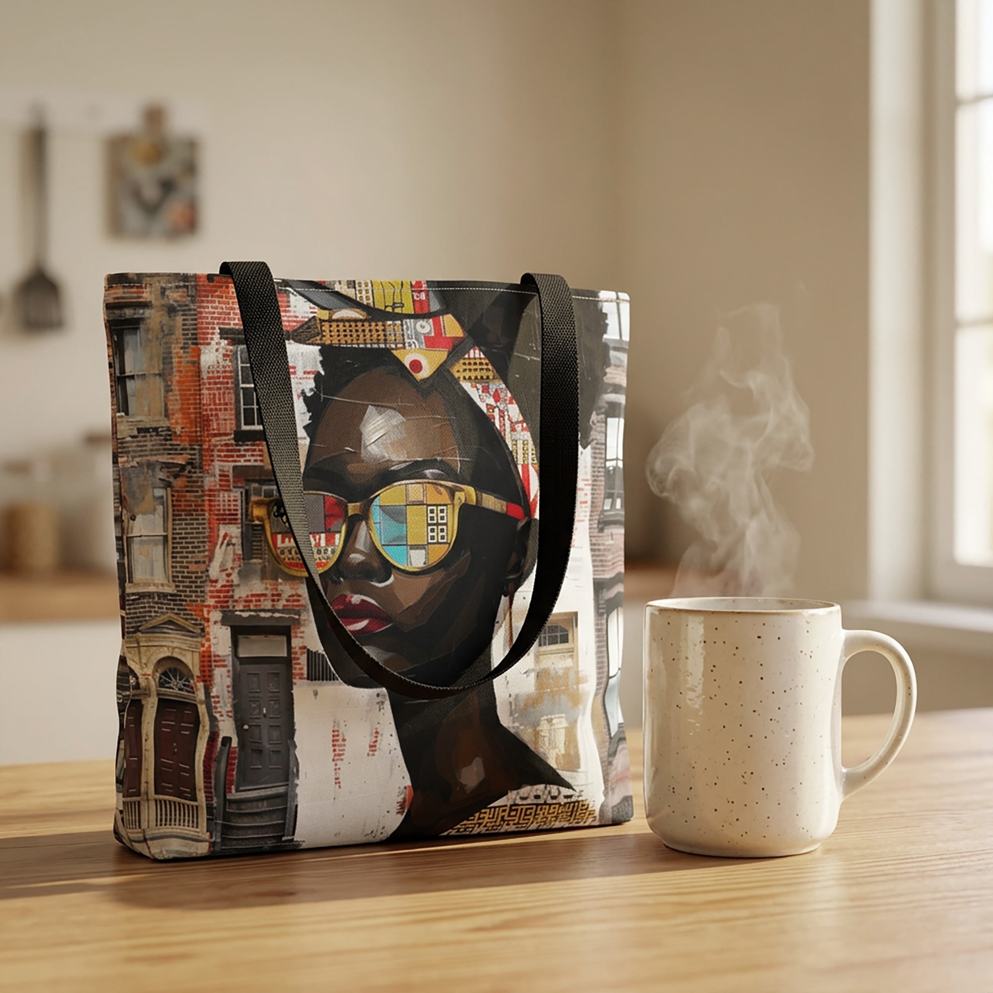 Carry-all tote bag featuring an abstract graffiti-style illustration of Boss Babe Kendra, styled on a tabletop in a warm, cozy kitchen.