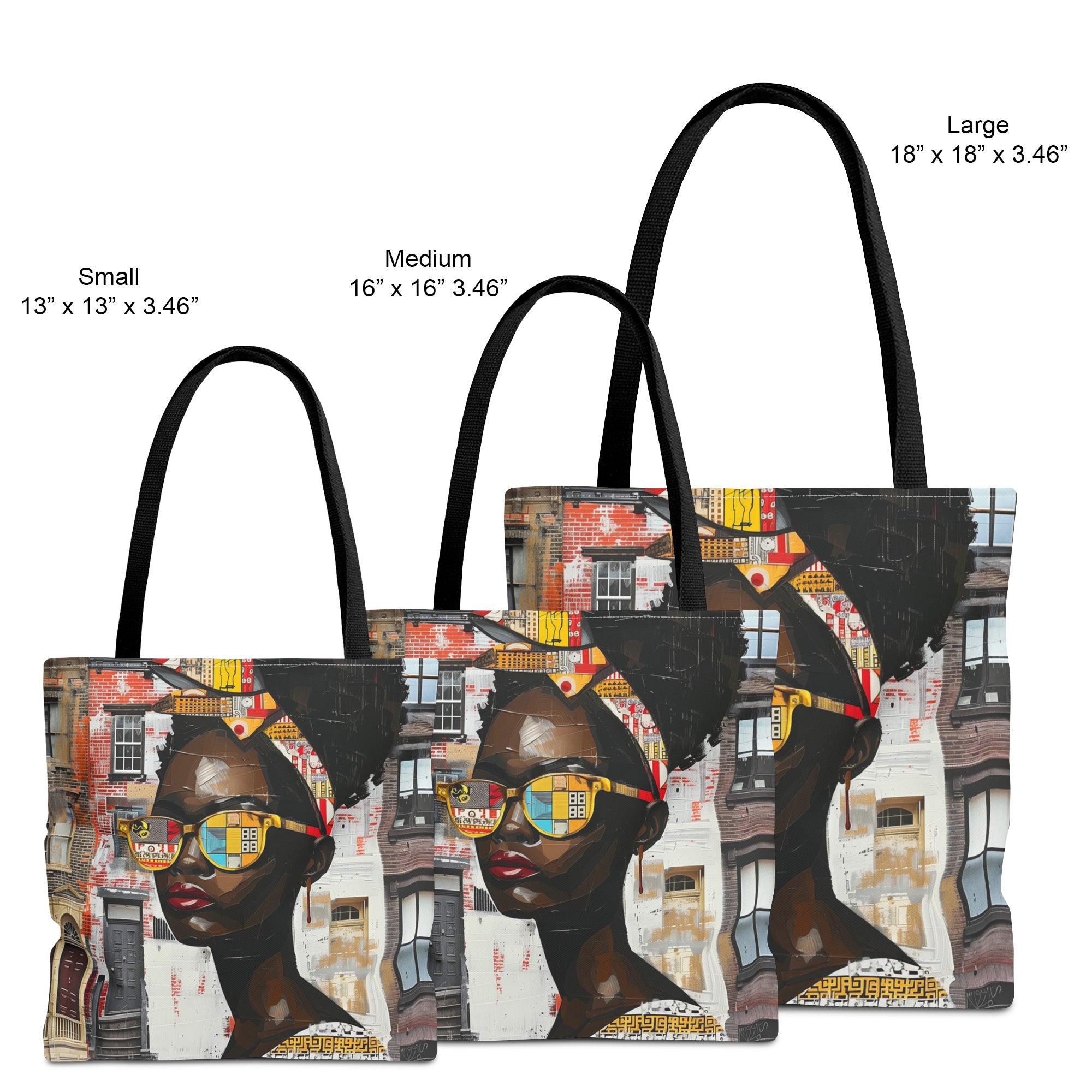 Three tote bags in Small, Medium, and Large sizes, featuring a colorful artistic print of a woman with sunglasses and a headwrap, shown on a white background with size text labels.