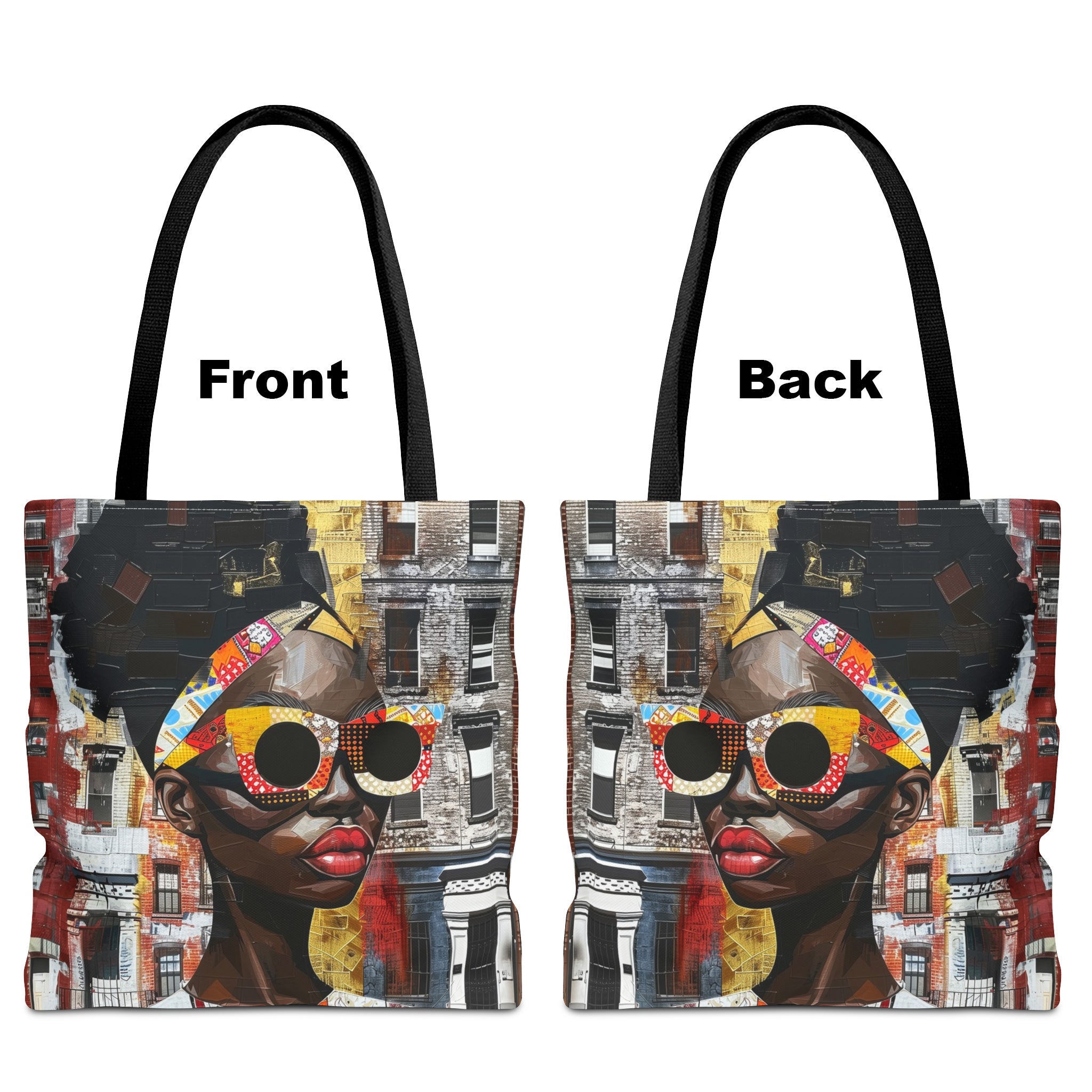 Boss Babe Lakendra tote bag featuring an abstract  Black woman with pop art style large round sunglasses. The design has a vibrant, graffiti-inspired aesthetic that celebrates African American beauty, confidence, and urban art style.