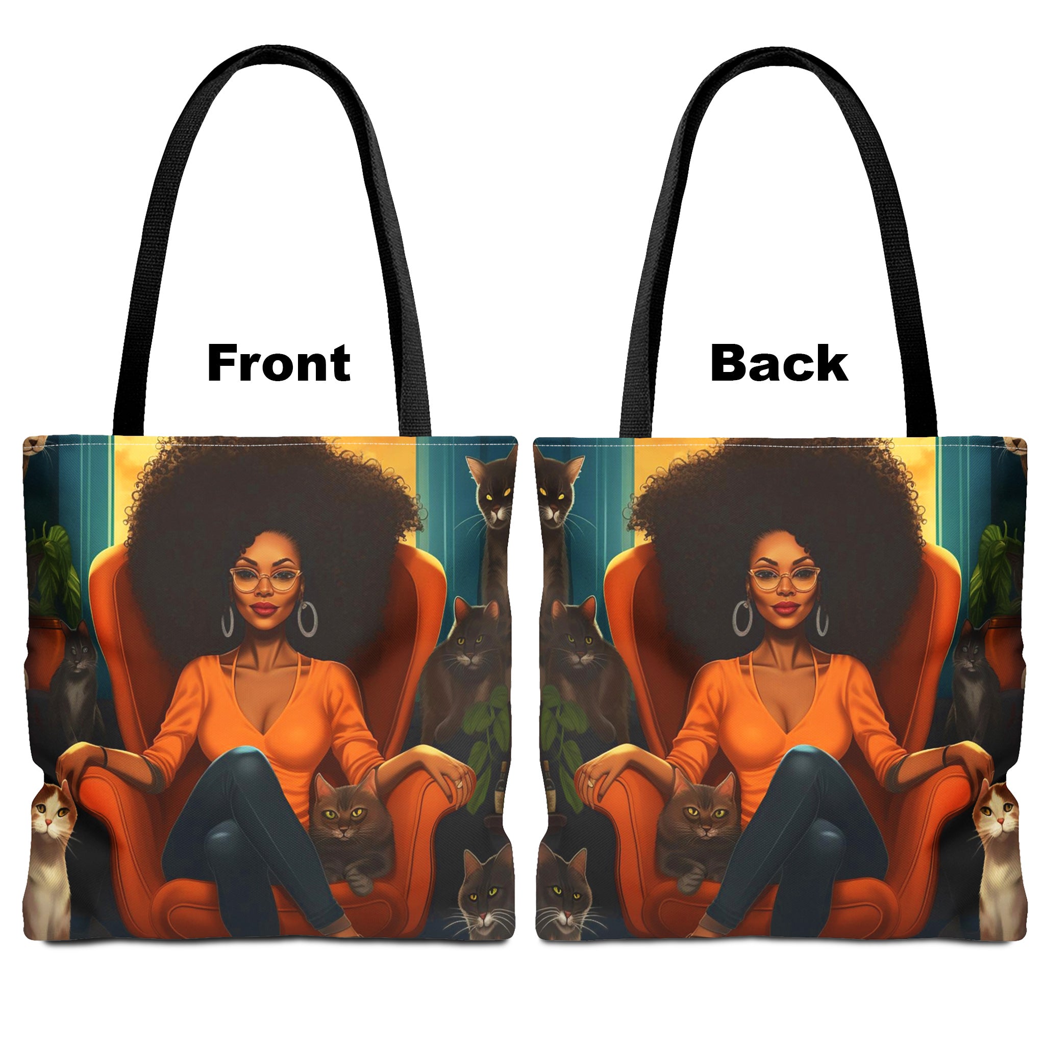 Black Lady Cat Mama Tote Bag - front and back views.