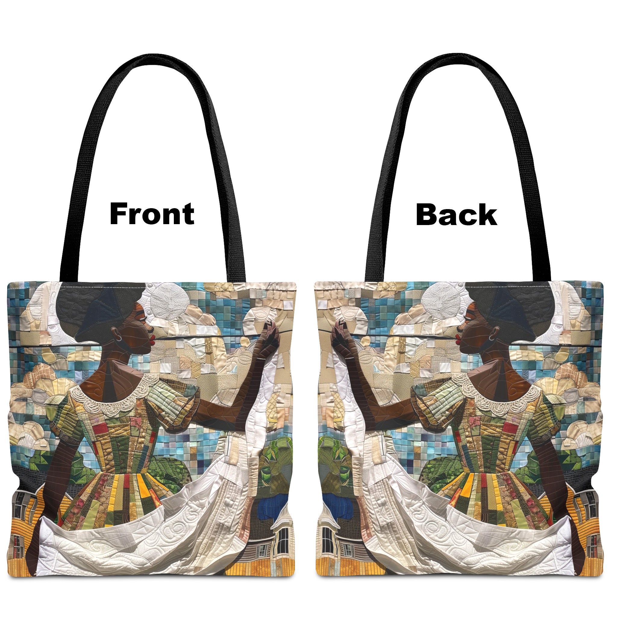 Front and back views of tote bag featuring a Black woman hanging freshly washed sheets on an outdoor clothesline, created in a three-dimensional mosaic quilt collage style with flowing fabric and textured details.