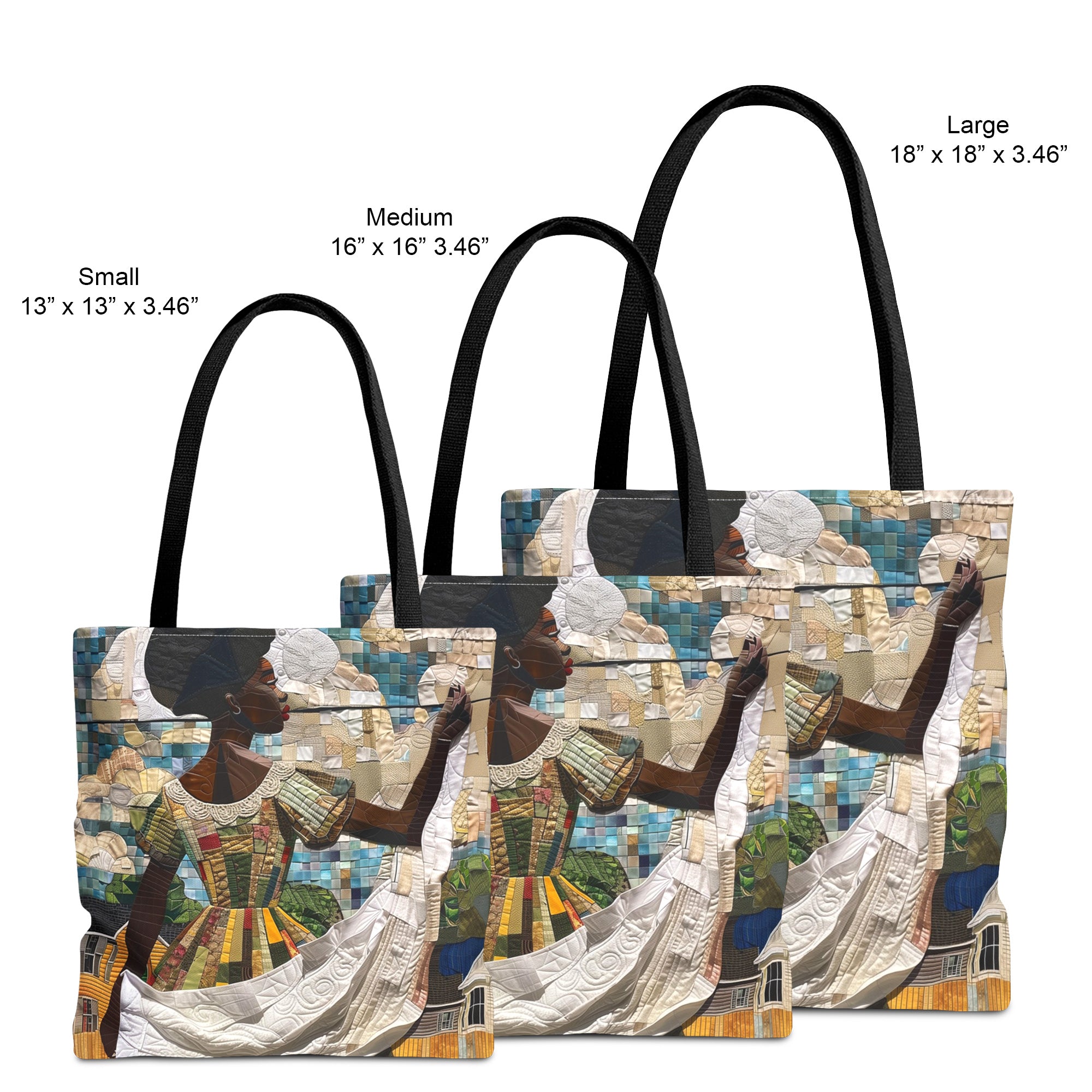 Views of the various sizes for  this tote bag featuring a Black woman hanging freshly washed sheets on an outdoor clothesline, created in a three-dimensional mosaic quilt collage style with flowing fabric and textured details.