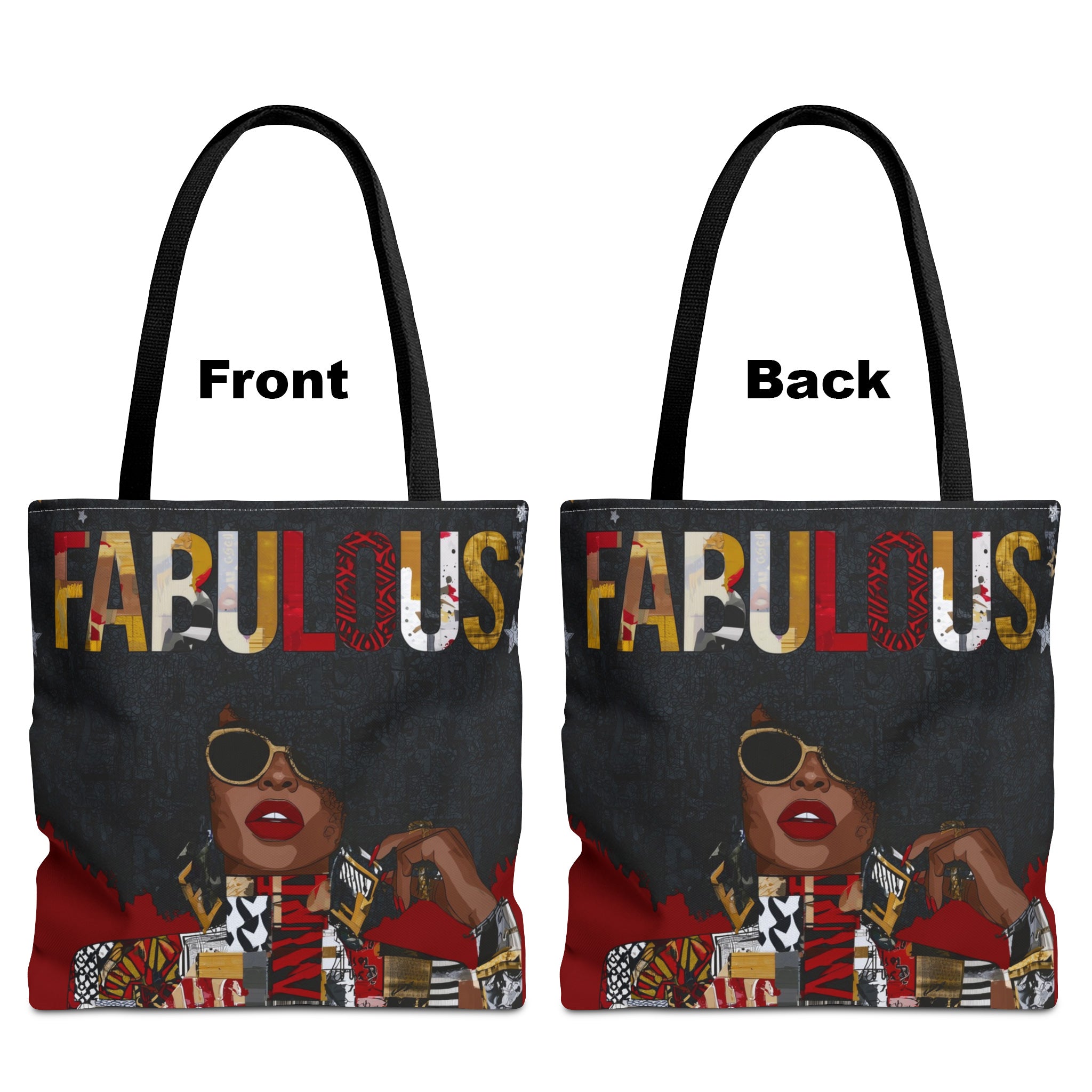 Front and back views of Fabulous Black woman tote bag featuring an abstract Afrocentric female portrait in colorful pop art and graffiti style with the word Fabulous in large graphic letters.