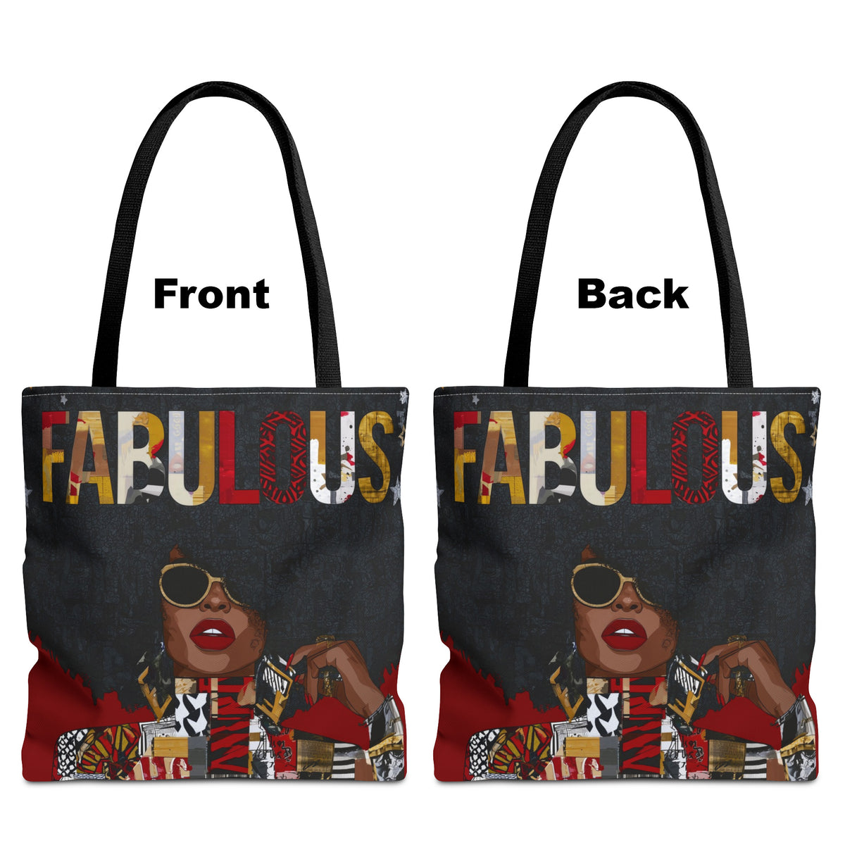 Front and back views of Fabulous Black woman tote bag featuring an abstract Afrocentric female portrait in colorful pop art and graffiti style with the word Fabulous in large graphic letters.