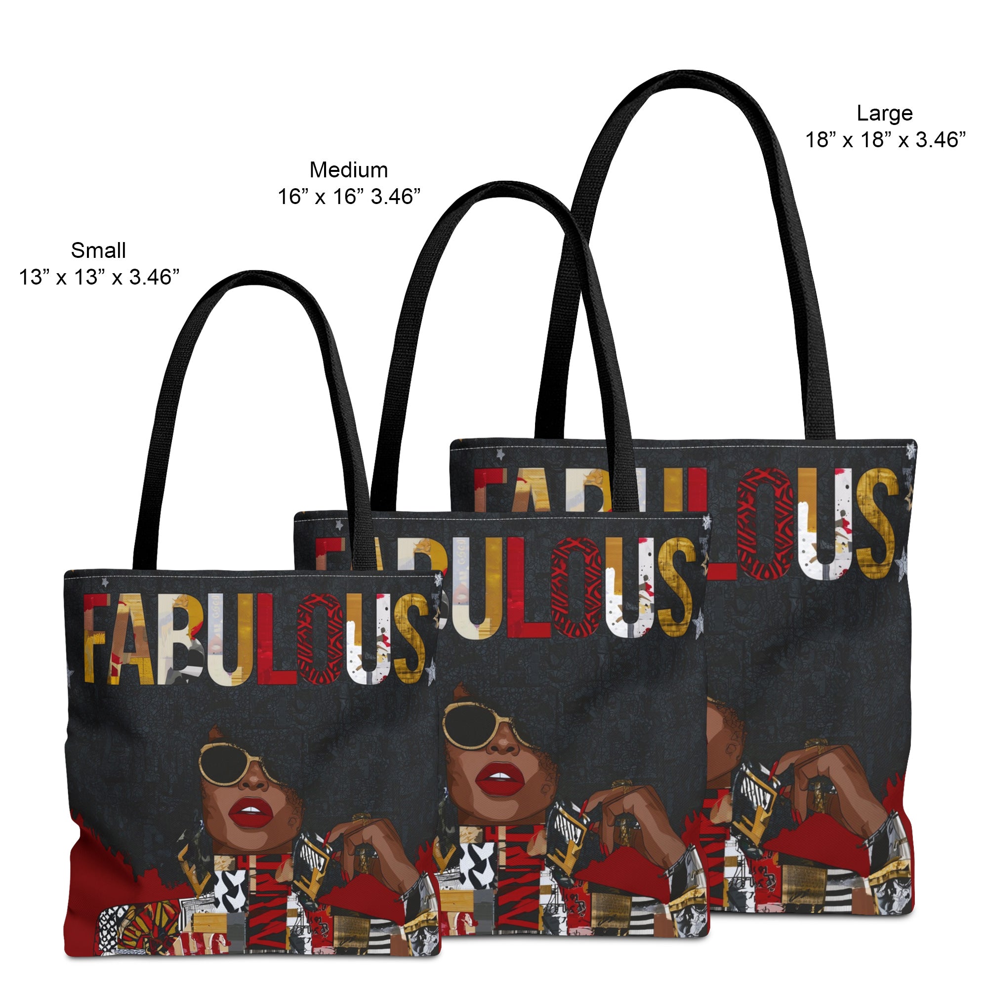 Large, medium and small sizes of Fabulous Black woman tote bag featuring an abstract Afrocentric female portrait in colorful pop art and graffiti style with the word Fabulous in large graphic letters.