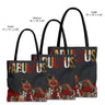 Large, medium and small sizes of Fabulous Black woman tote bag featuring an abstract Afrocentric female portrait in colorful pop art and graffiti style with the word Fabulous in large graphic letters.
