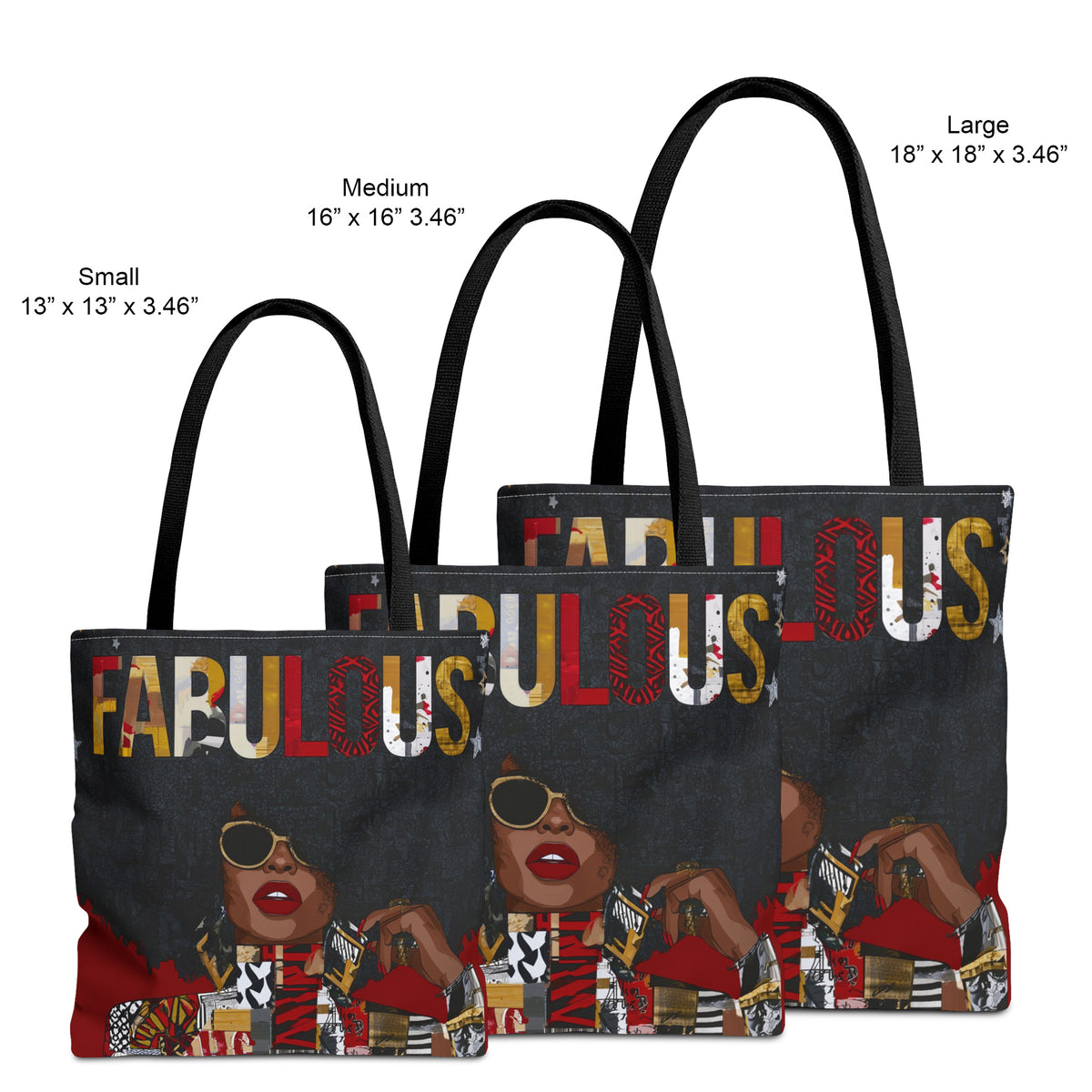 Large, medium and small sizes of Fabulous Black woman tote bag featuring an abstract Afrocentric female portrait in colorful pop art and graffiti style with the word Fabulous in large graphic letters.
