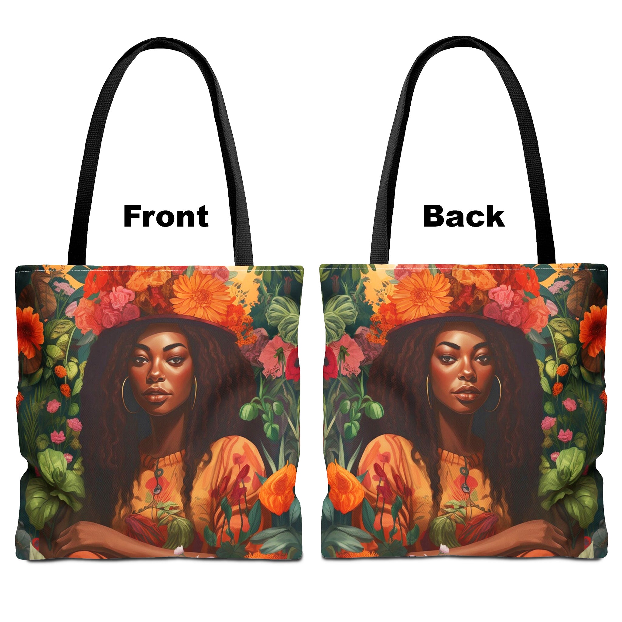 African American Garden Goddess Tote Bag - front and back view.