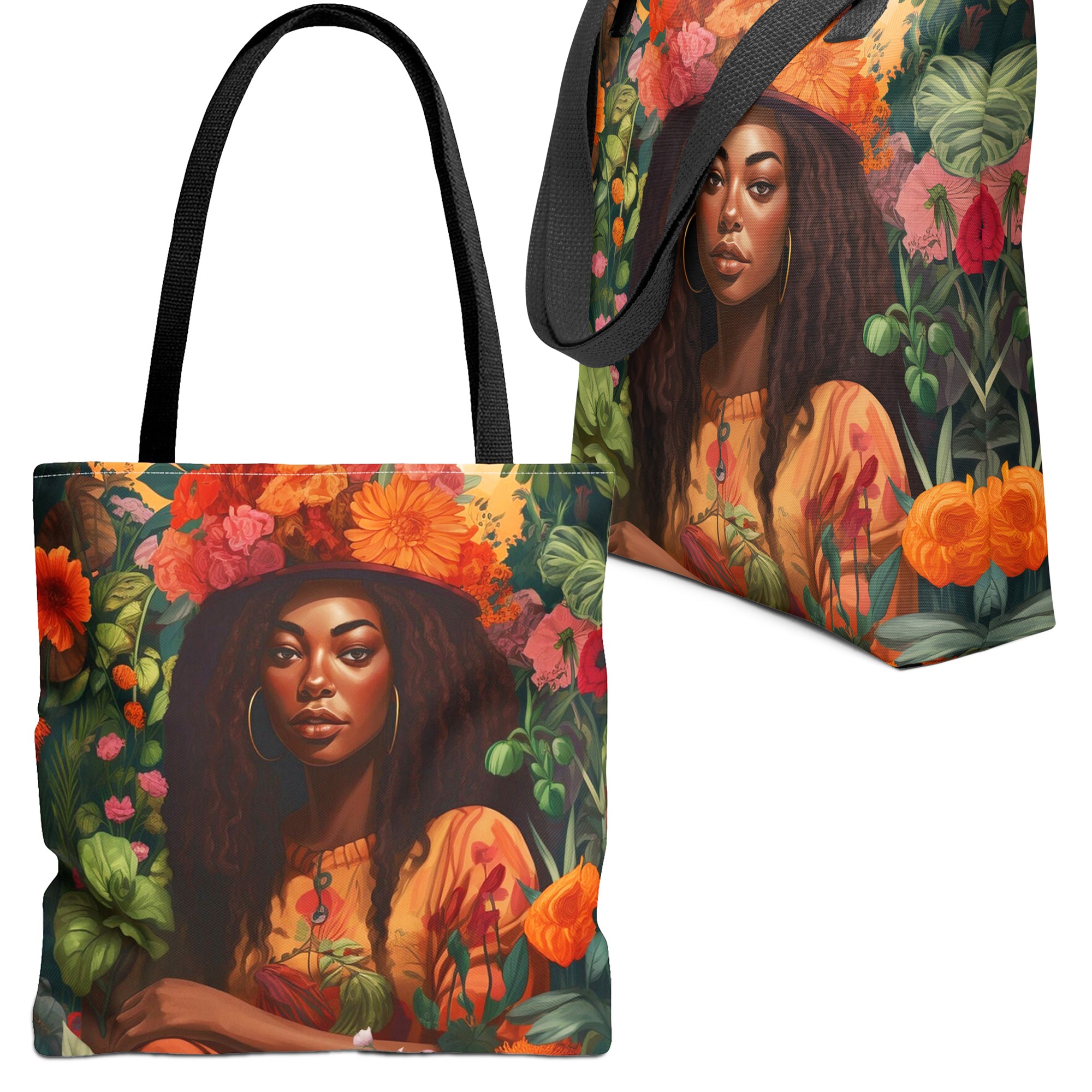 African American Garden Goddess Tote Bag - front and side views.