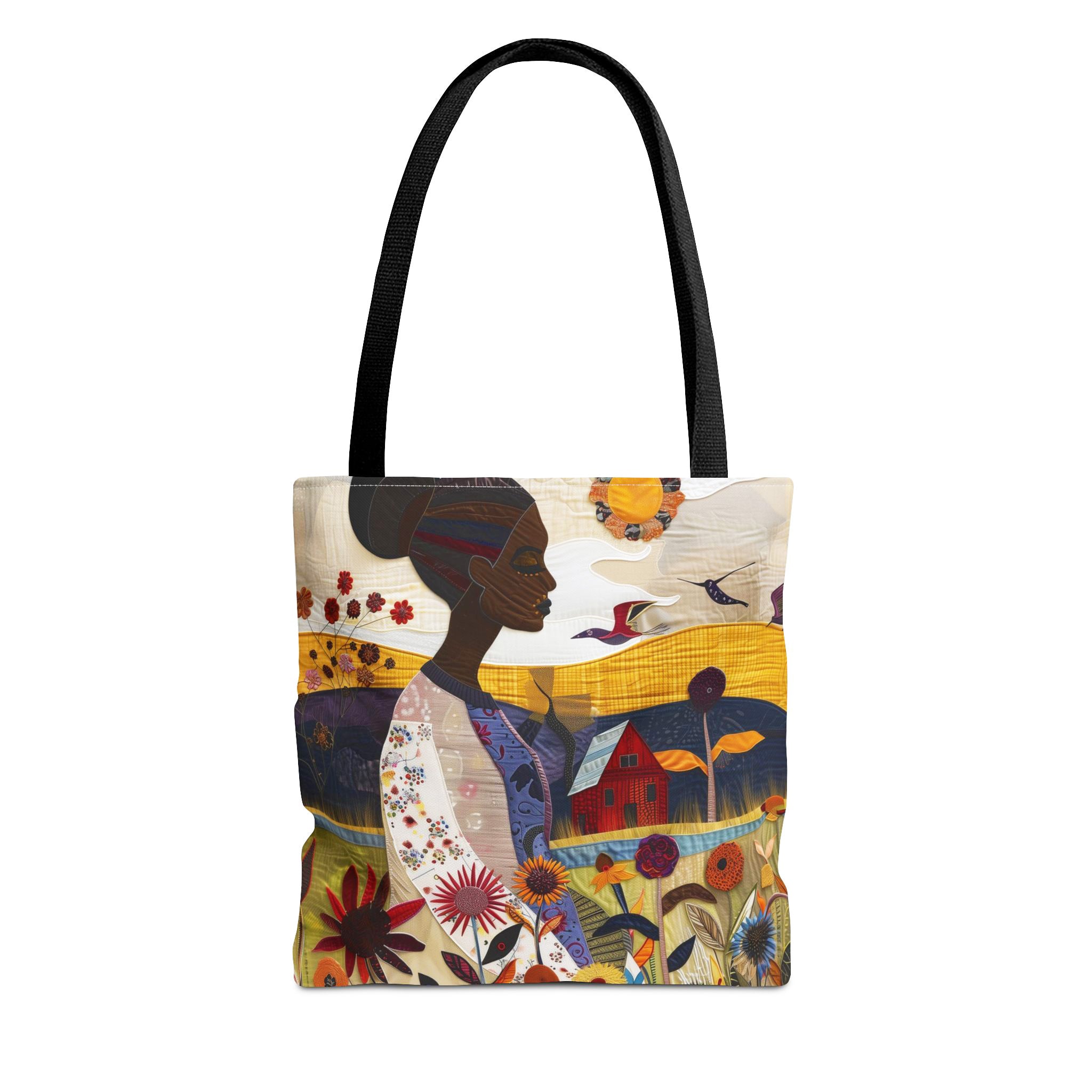Black Woman Garden Oasis Tote Bag featuring a vibrant floral nature scene with a serene garden landscape. Afrocentric design in a faux quilt style, ideal as a shopping, book, or everyday carry-all bag.
