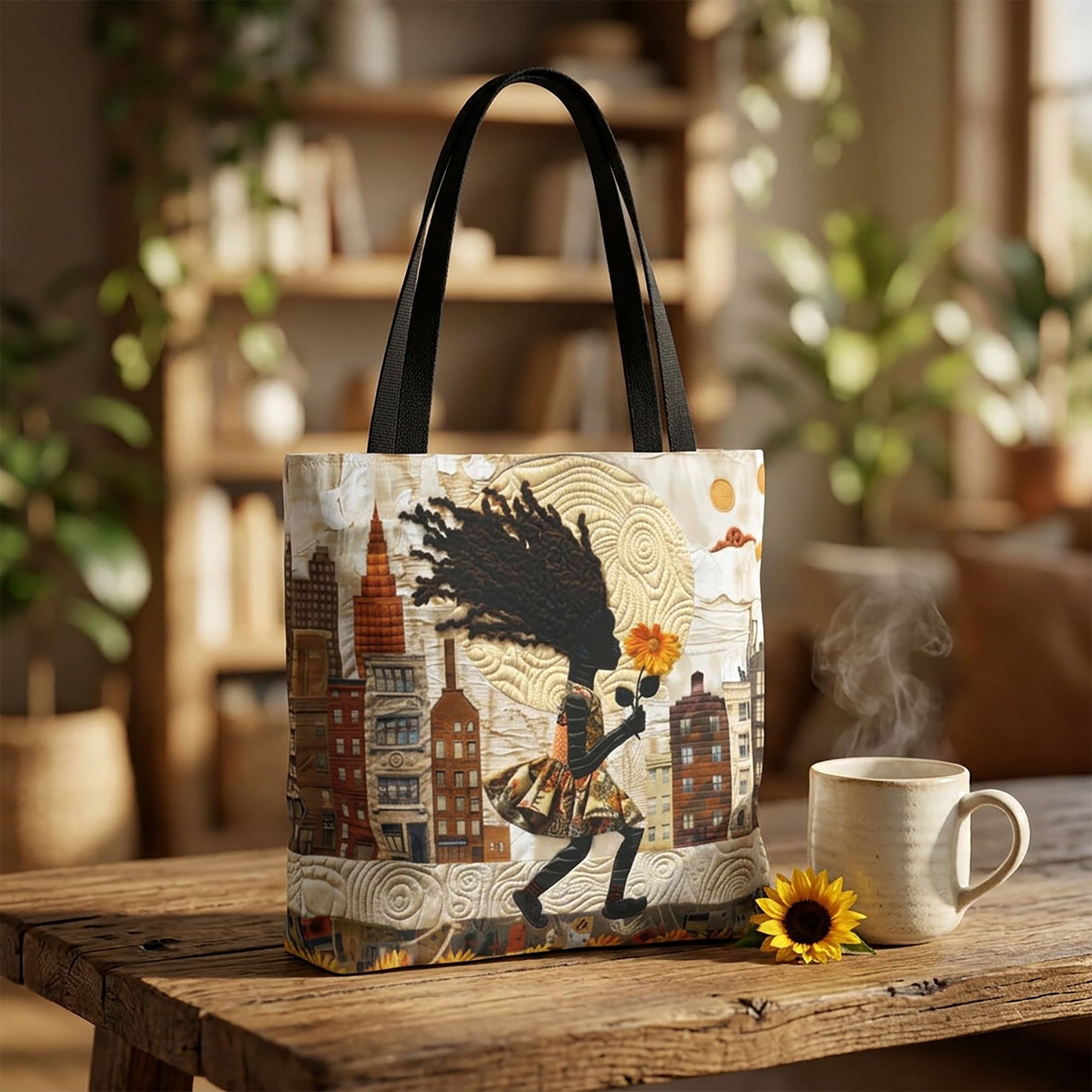 Tote bag sitting on a table featuring a young Black girl carrying a bright yellow sunflower while walking through Harlem with long braids blowing in the wind. Historic Harlem brownstones and New York City architecture appear in the background on an Afrocentric faux quilt collage tote bag with a textured 3D-inspired design.
