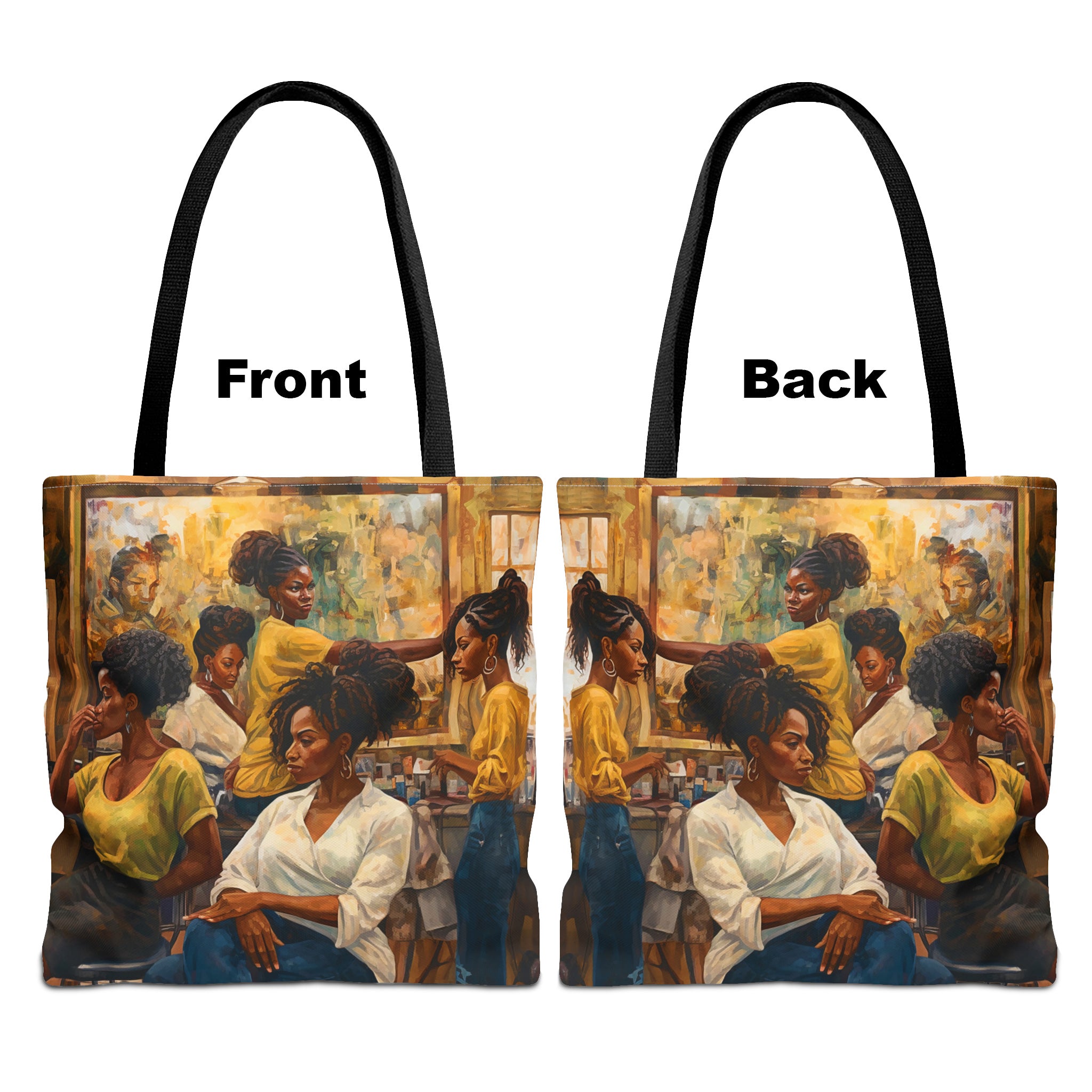 Front and back views of Hair Salon tote bag.