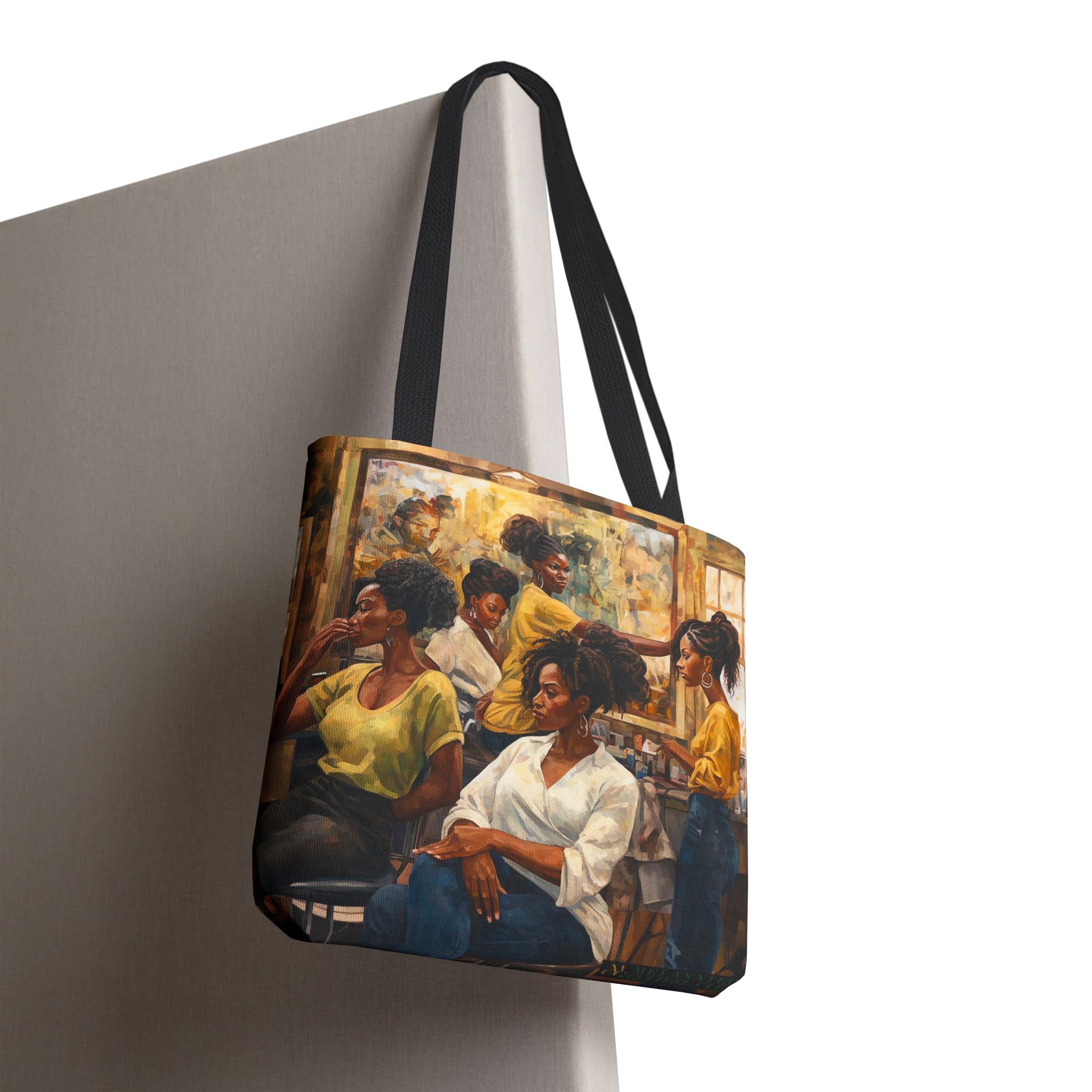 Black Women Beauty Shop Tote Bag featuring an Afrocentric design celebrating Black beauticians and hair culture. A stylish and functional accessory perfect for hairstylists and beauty enthusiasts.