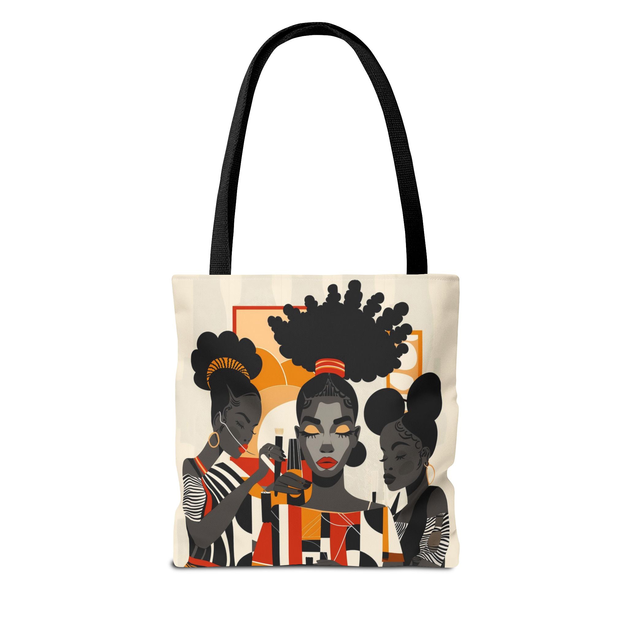 Tote bag featuring a vibrant illustration of a melanated woman in a beauty salon setting. Designed as a stylish and functional bag for hair stylists, beauticians, and brown skin girls. Perfect for carrying salon tools, shopping items, or everyday essentials.