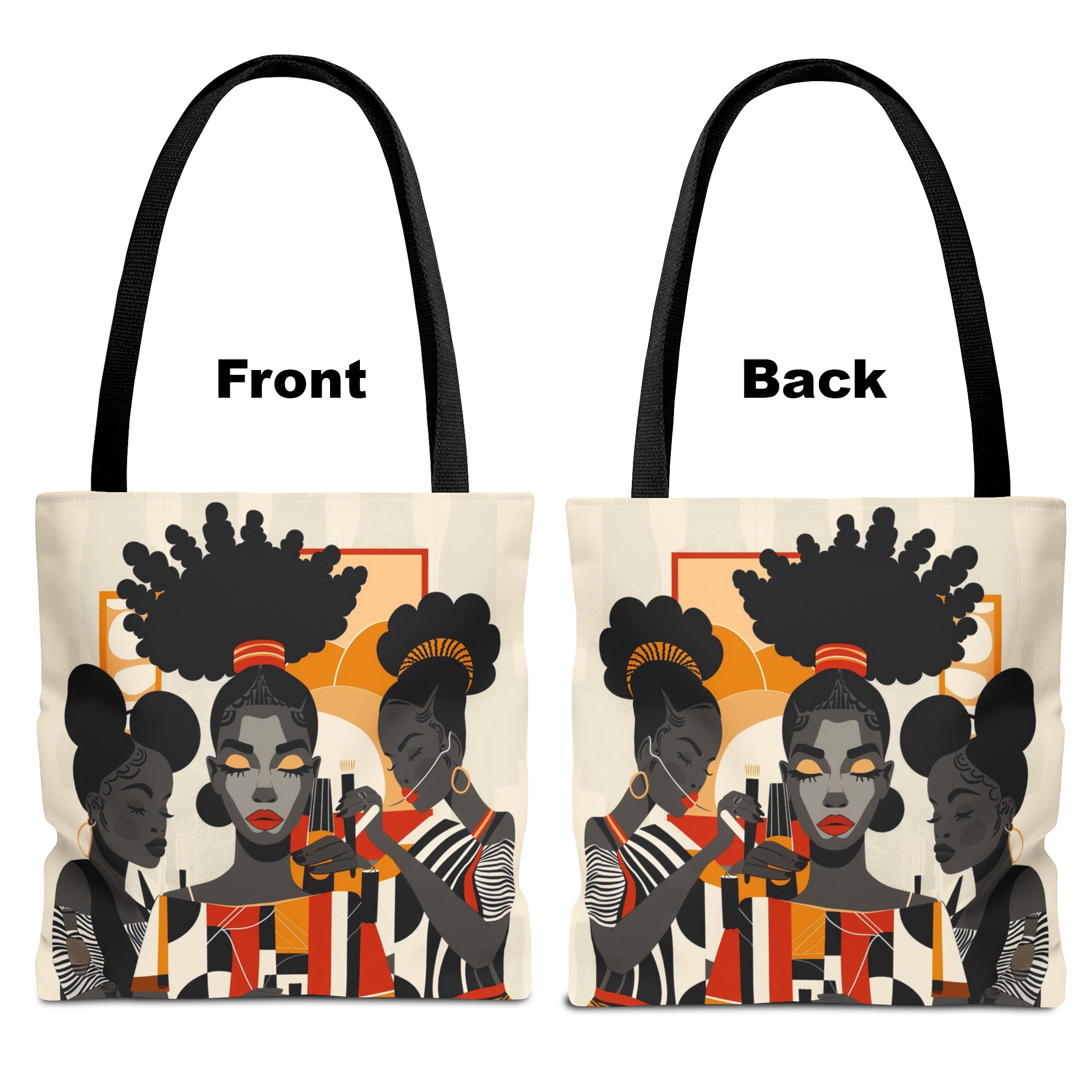 Tote bag featuring a vibrant illustration of a melanated woman in a beauty salon setting. Designed as a stylish and functional bag for hair stylists, beauticians, and brown skin girls. Perfect for carrying salon tools, shopping items, or everyday essentials.