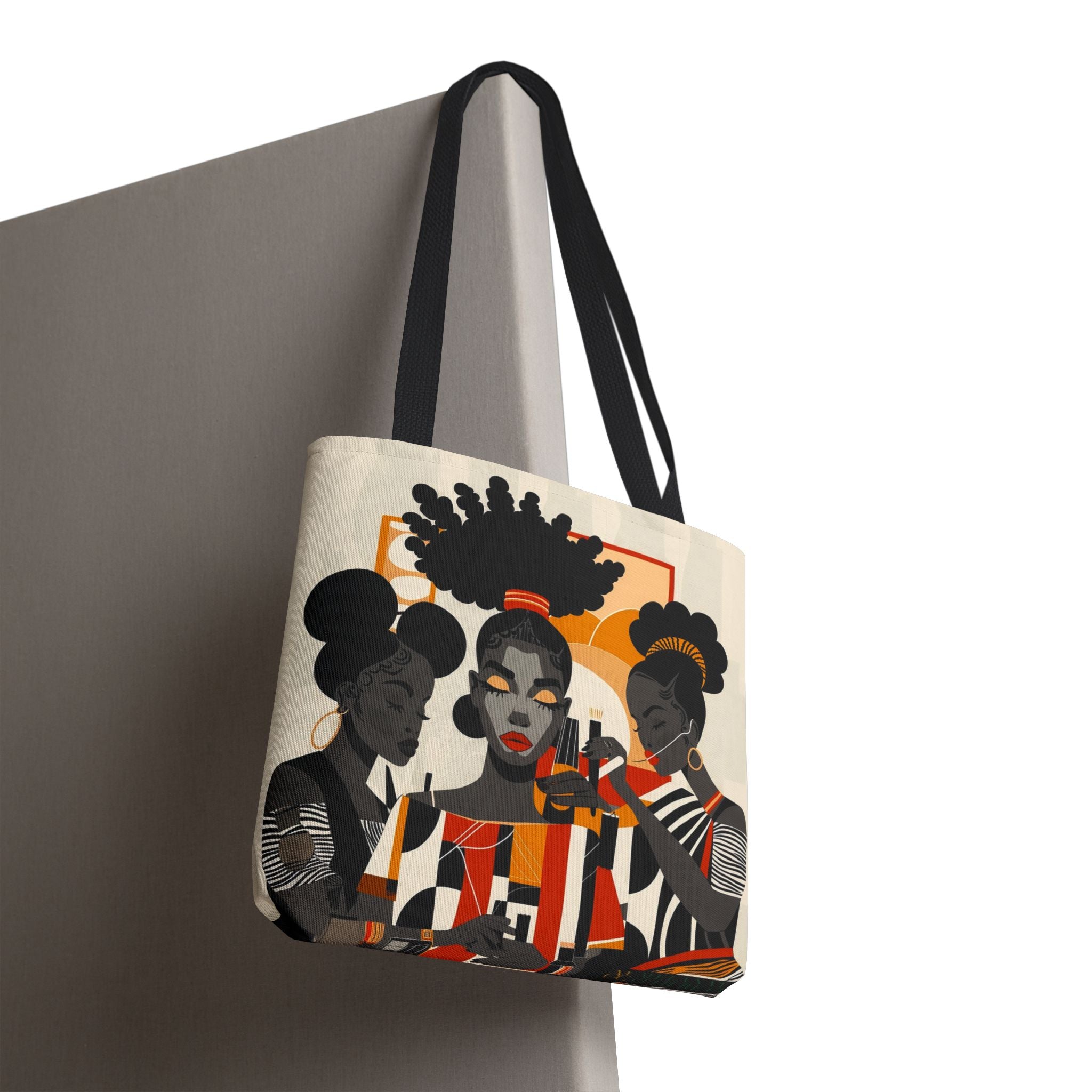 Tote bag featuring a vibrant illustration of a melanated woman in a beauty salon setting. Designed as a stylish and functional bag for hair stylists, beauticians, and brown skin girls. Perfect for carrying salon tools, shopping items, or everyday essentials.