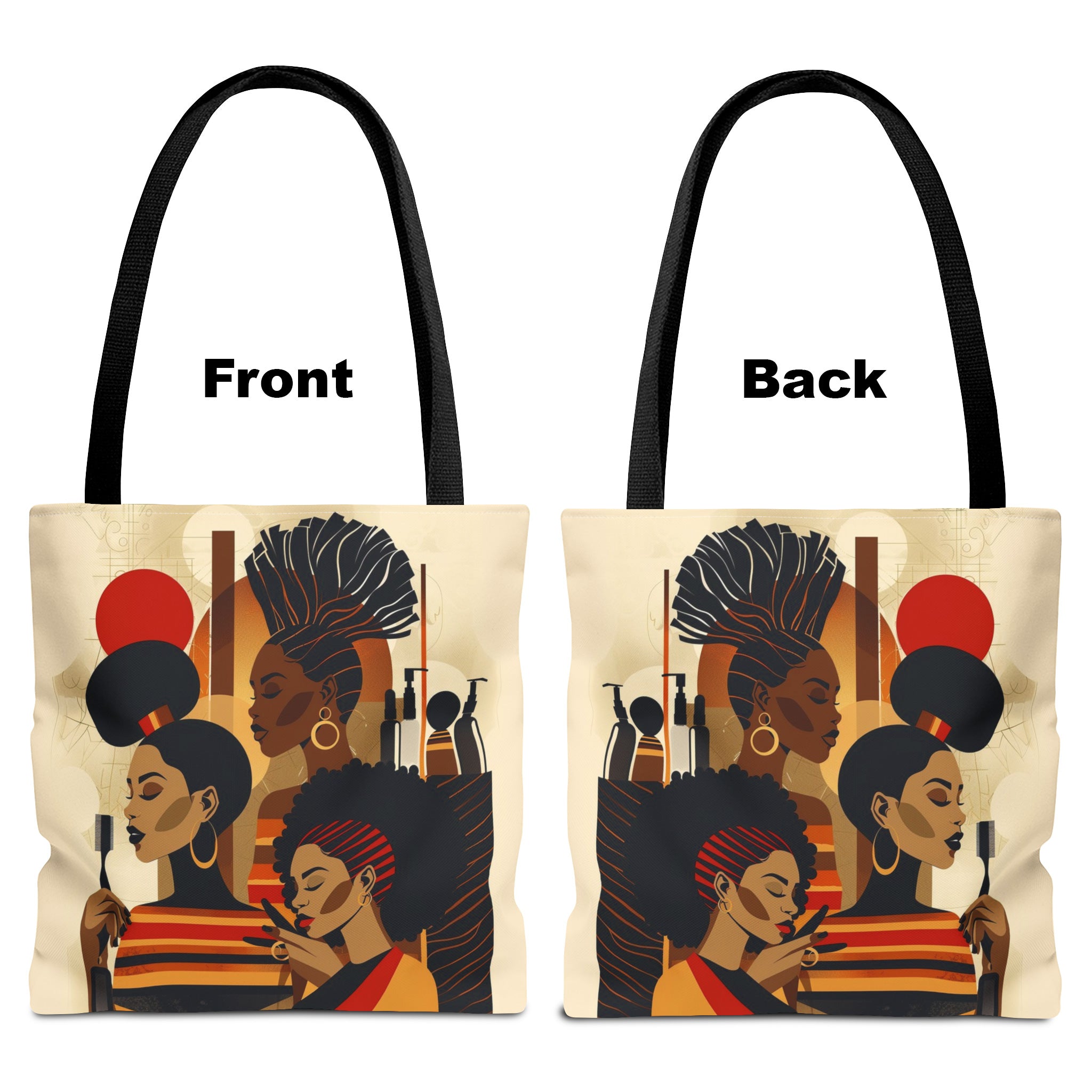 Tote bag featuring a vibrant illustration of a melanated woman in a beauty salon setting. Designed as a stylish and functional bag for hair stylists, beauticians, and brown skin girls. Perfect for carrying salon tools, shopping items, or everyday essentials.