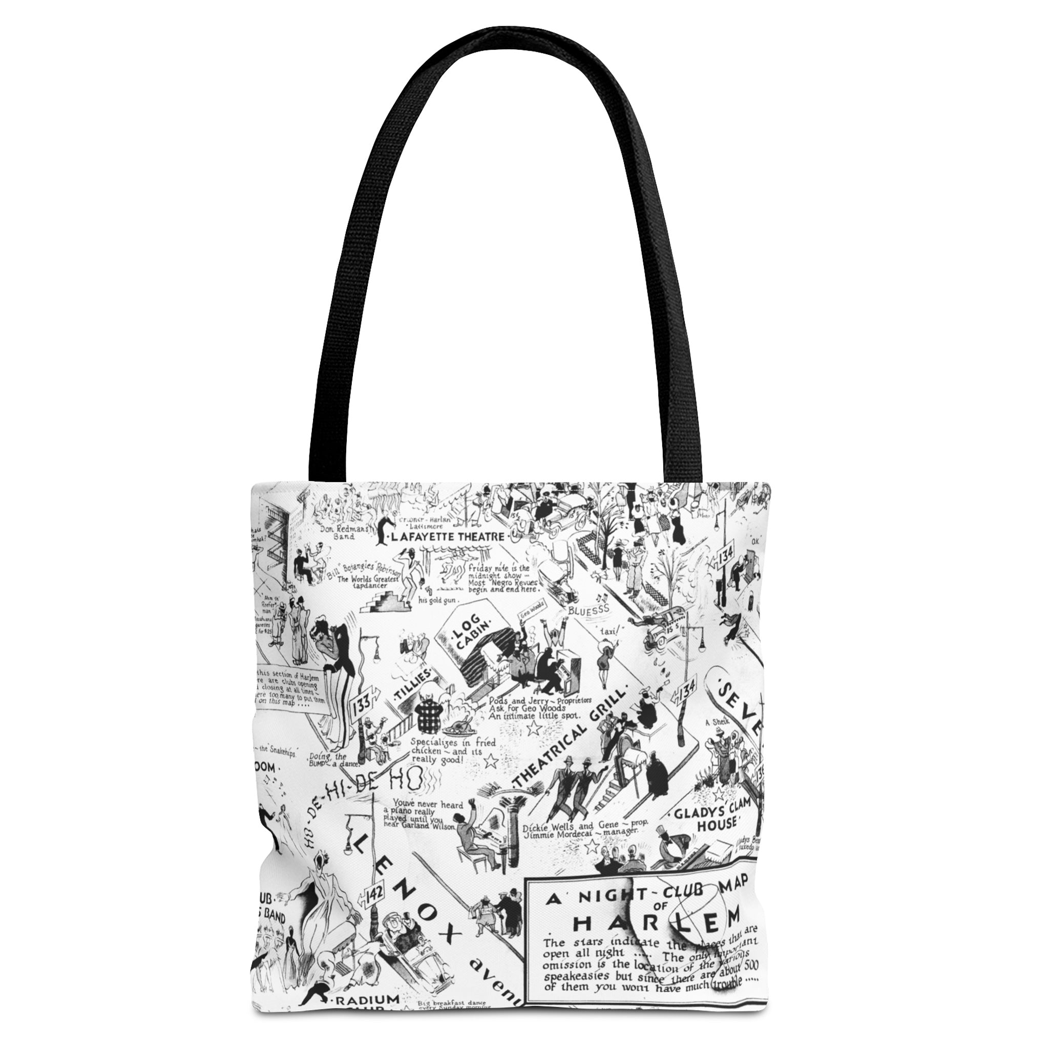 Retro Harlem Nightclubs Map Tote Bag featuring a vintage-inspired design highlighting iconic historical landmarks and legendary jazz clubs from the Harlem Renaissance era. Perfect for history and music lovers.