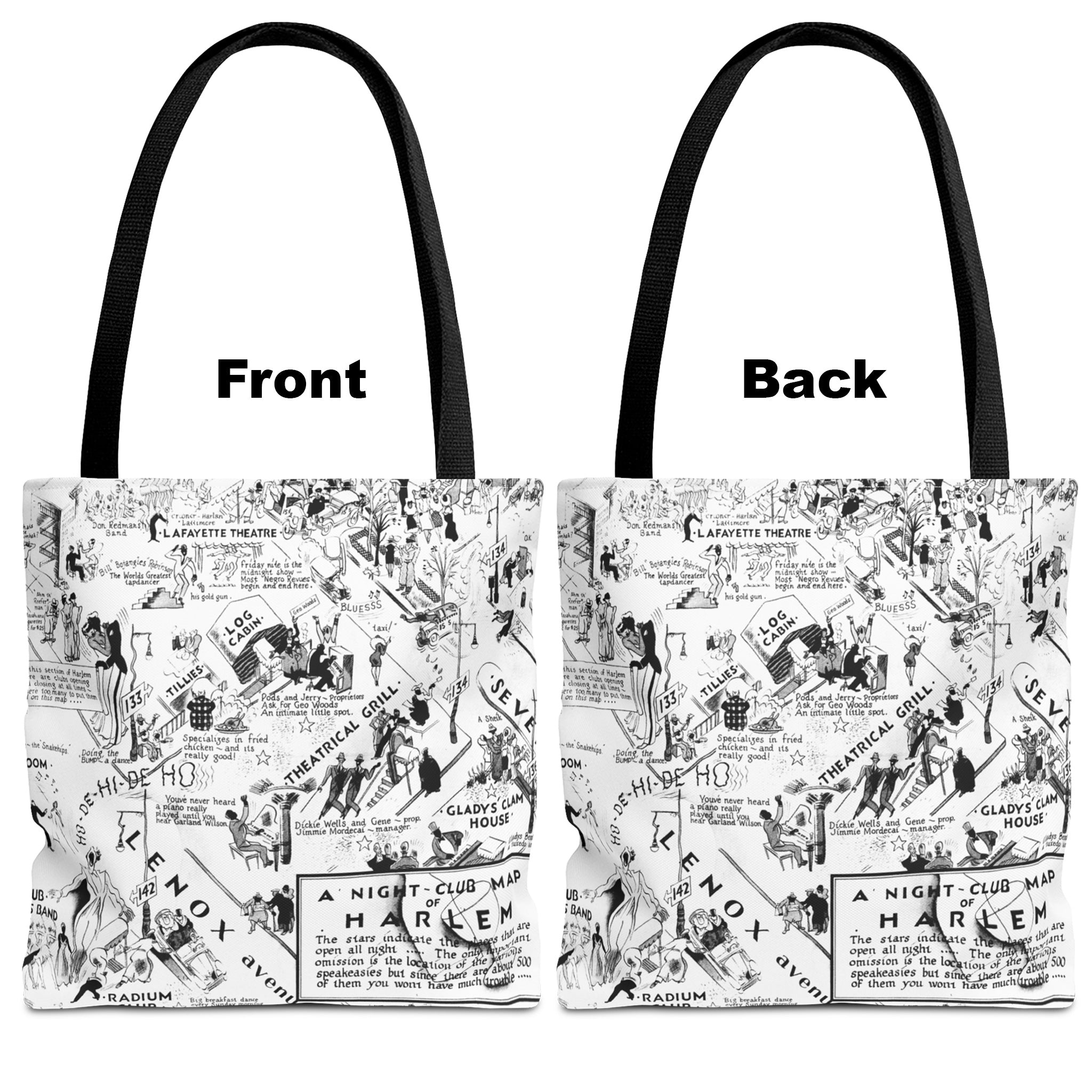 Retro Harlem Nightclubs Map Tote Bag featuring a vintage-inspired design highlighting iconic historical landmarks and legendary jazz clubs from the Harlem Renaissance era. Perfect for history and music lovers.