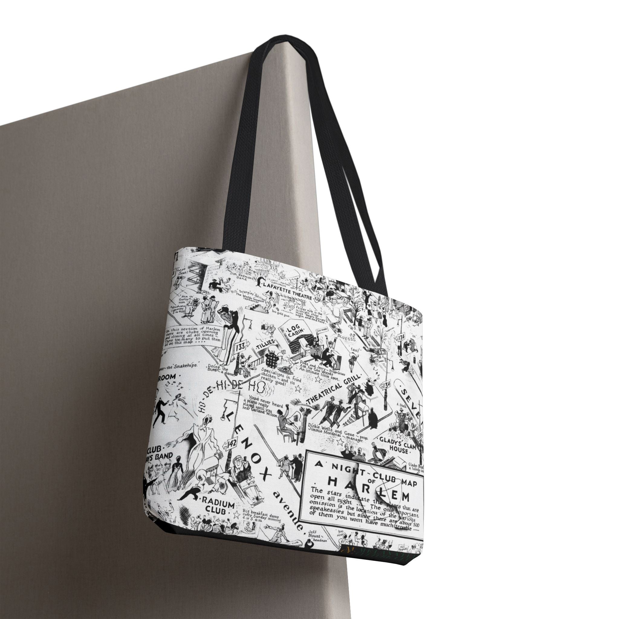 Retro Harlem Nightclubs Map Tote Bag featuring a vintage-inspired design highlighting iconic historical landmarks and legendary jazz clubs from the Harlem Renaissance era. Perfect for history and music lovers.
