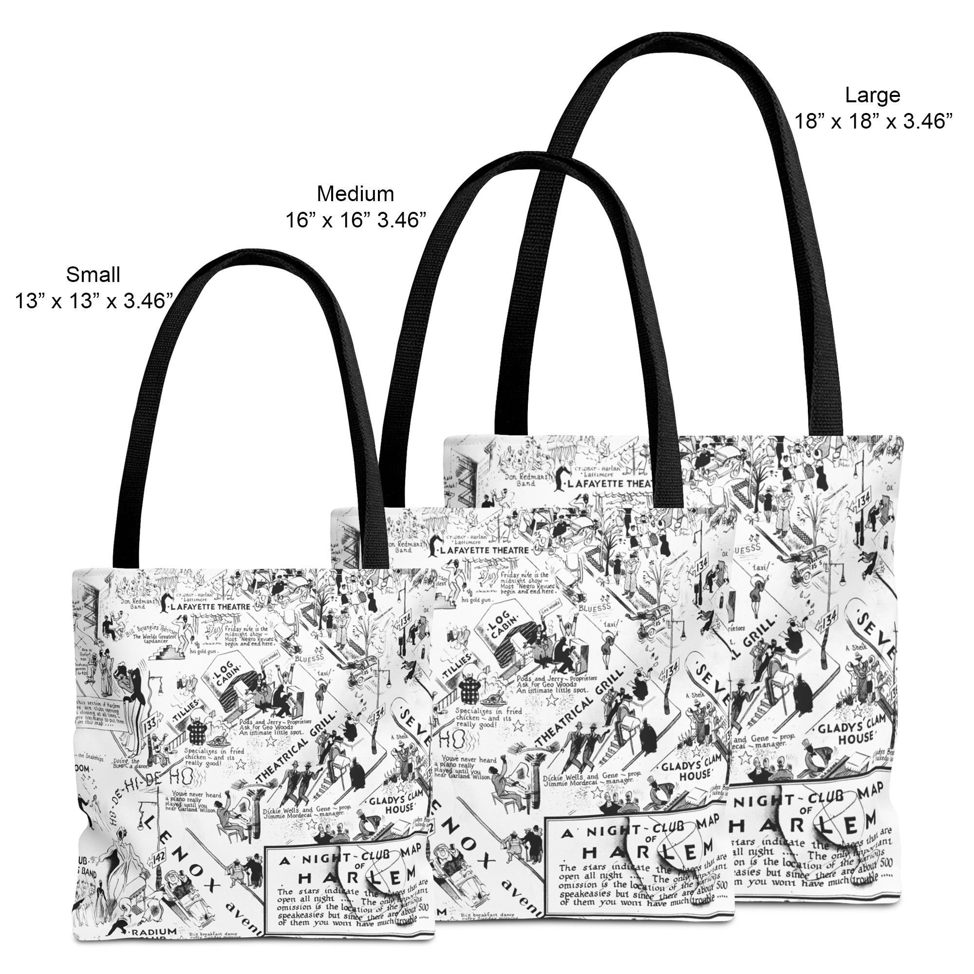 Retro Harlem Nightclubs Map Tote Bag featuring a vintage-inspired design highlighting iconic historical landmarks and legendary jazz clubs from the Harlem Renaissance era. Perfect for history and music lovers.