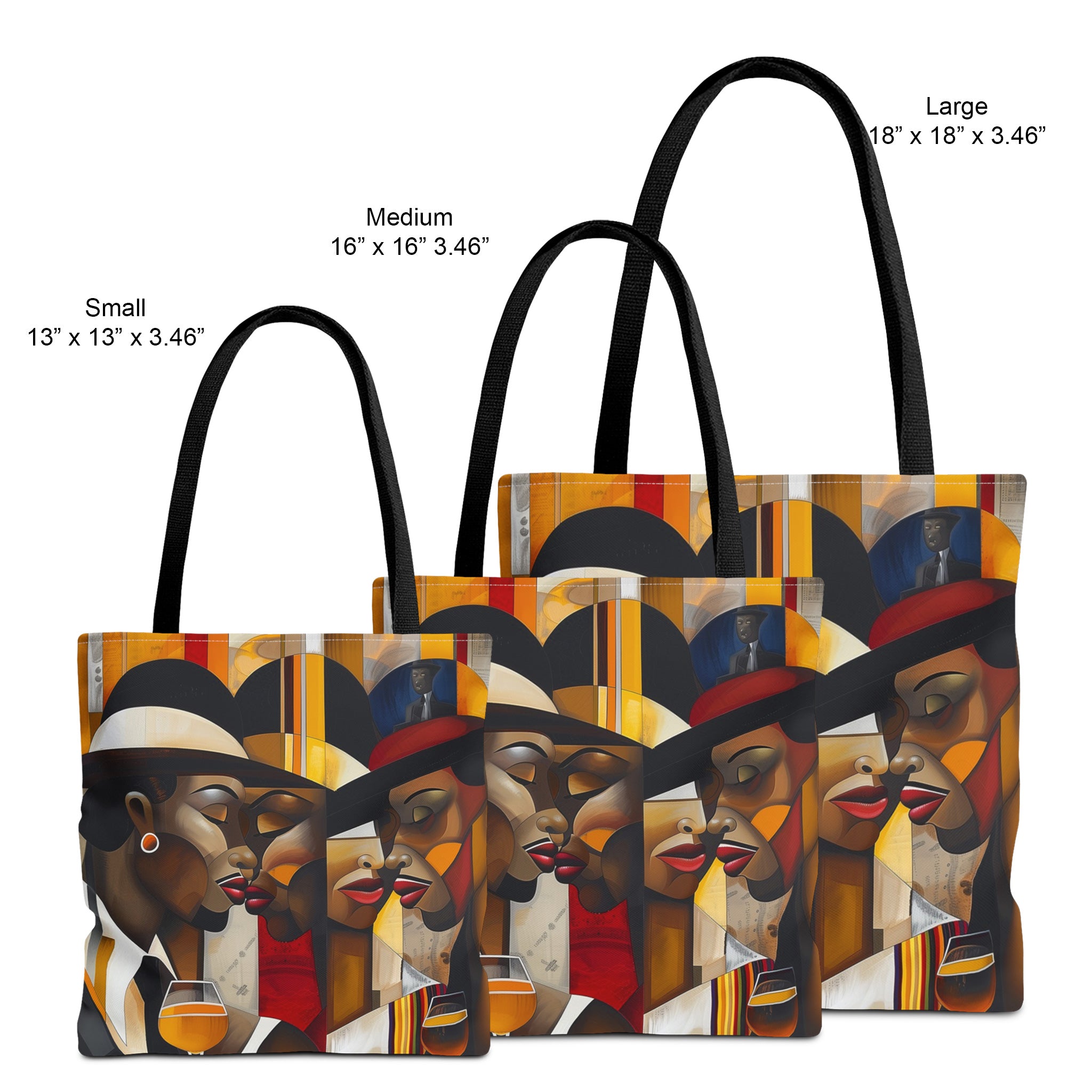 Harlem Fashionistas Tote Bag featuring a Bauhaus-style design of African American ladies and gents from the Harlem Renaissance era. A stylish and functional tote celebrating Black culture, fashion, and history.