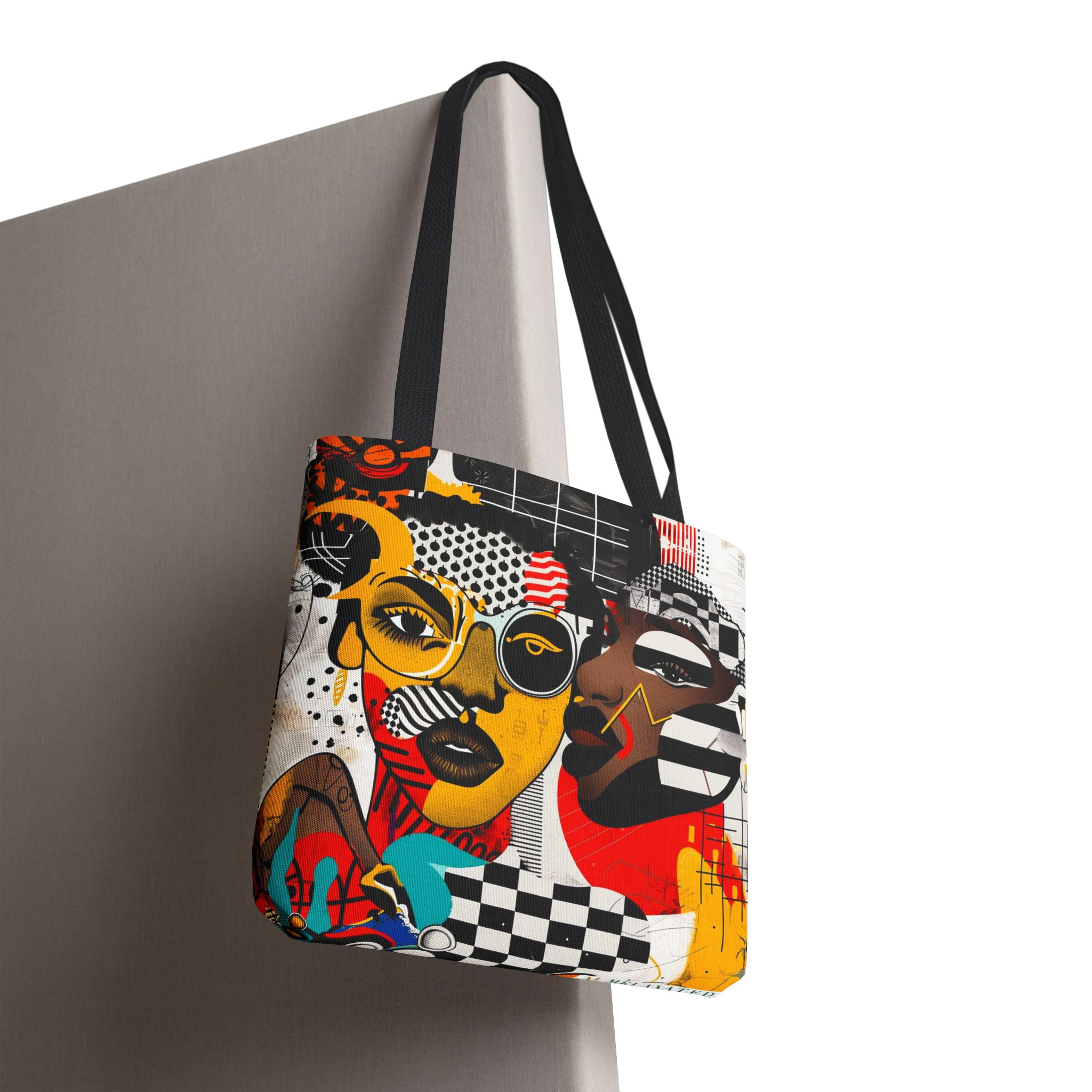 Soul Sisters abstract shower curtain featuring a modern pop art collage of two Black women celebrating sisterhood, Afrocentric style, and bold contemporary bathroom décor.