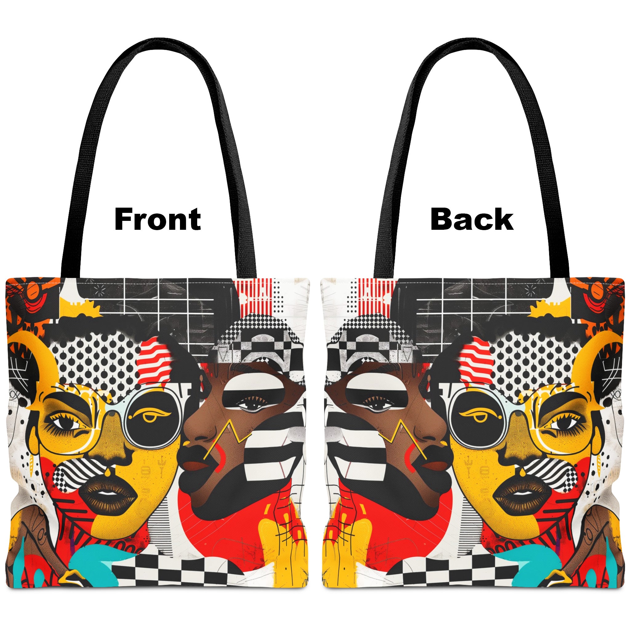 Soul Sisters abstract shower curtain featuring a modern pop art collage of two Black women celebrating sisterhood, Afrocentric style, and bold contemporary bathroom décor.