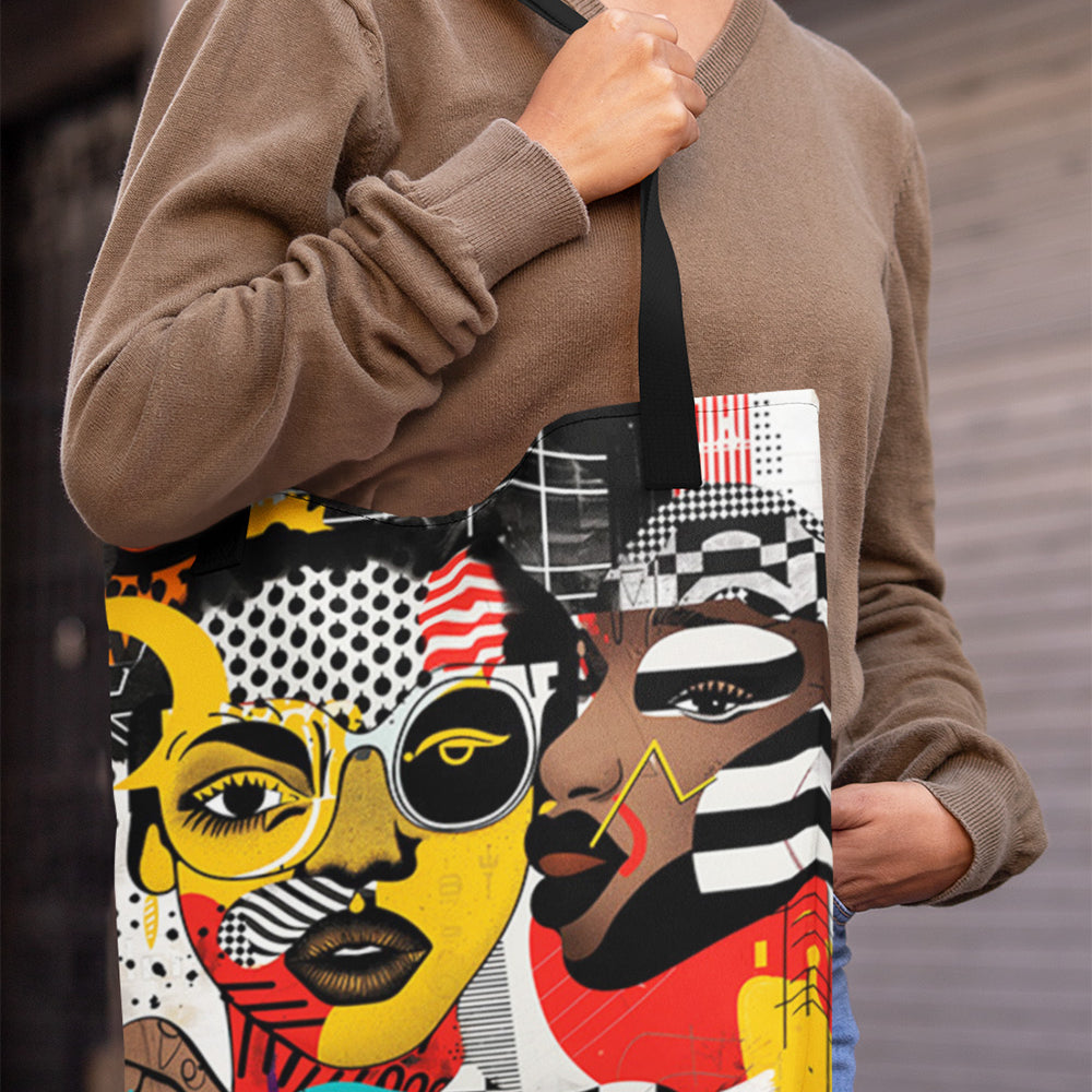 Soul Sisters abstract tote bag featuring a modern Afrocentric pop art collage of two Black women celebrating sisterhood, culture, and bold artistic style.