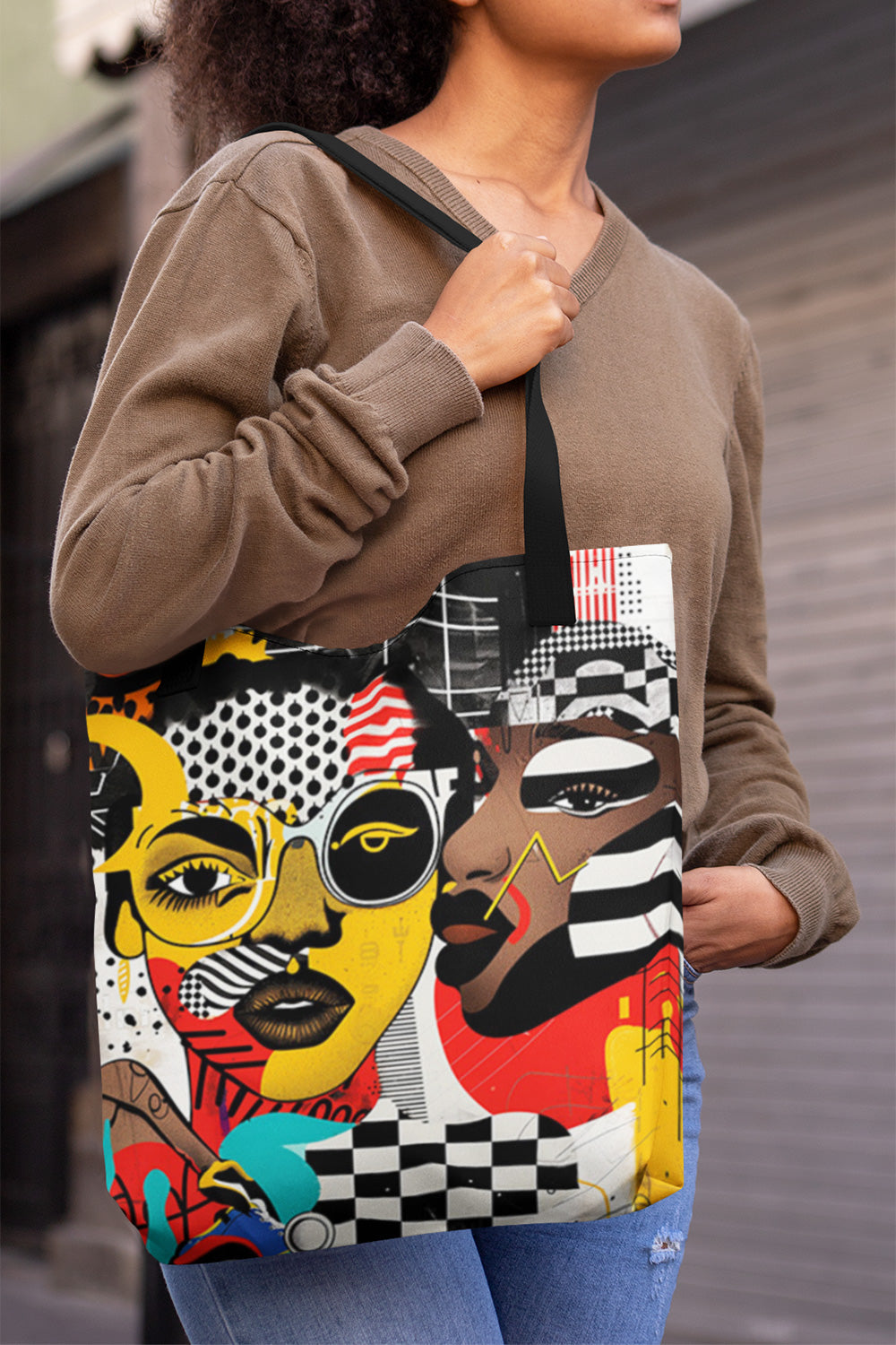 Soul Sisters abstract tote bag featuring a modern Afrocentric pop art collage of two Black women celebrating sisterhood, culture, and bold artistic style.