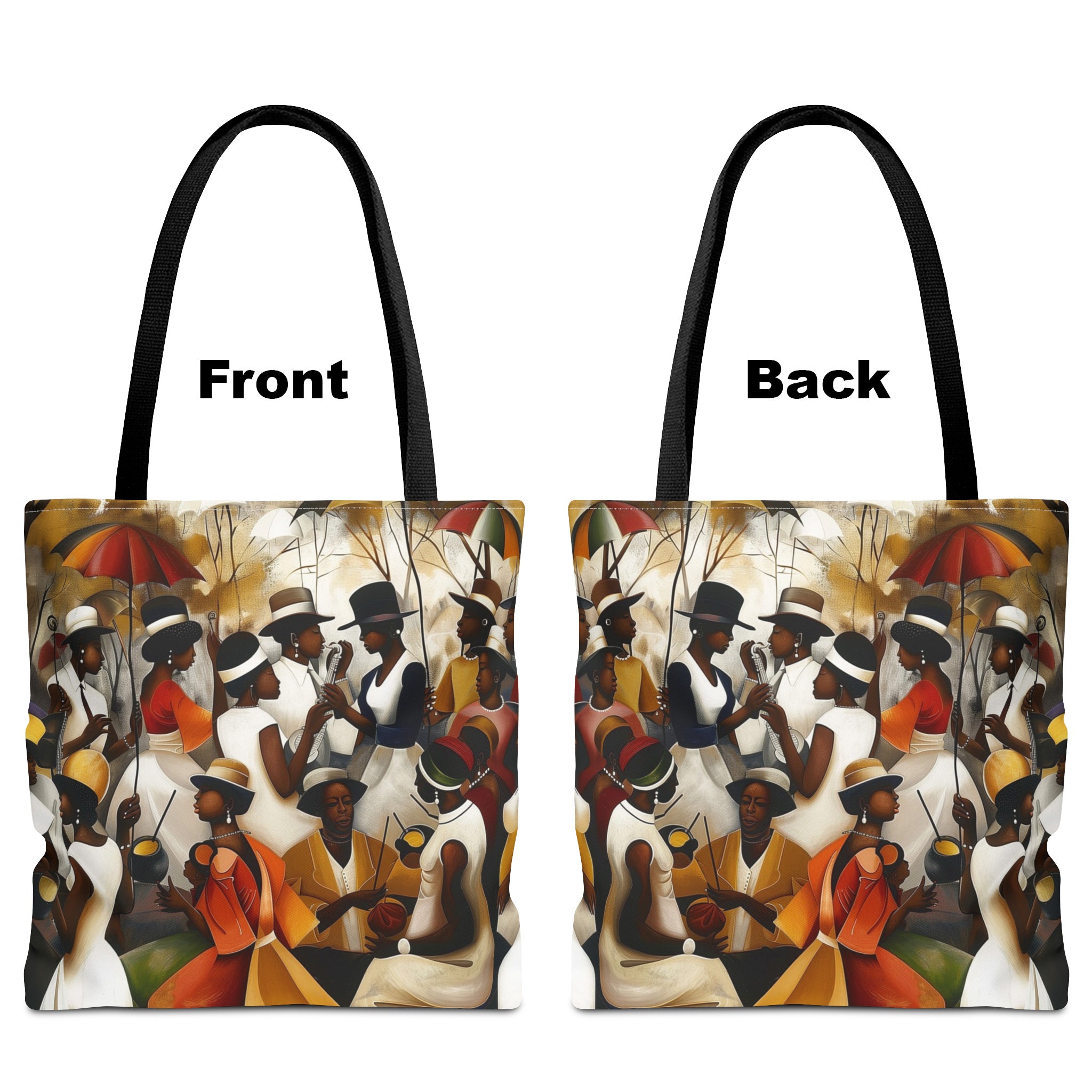 Afrocentric Juneteenth tote bag featuring a joyful Picnic in the Park family reunion celebration with African American community gathering artwork in a colorful urban artistic style.