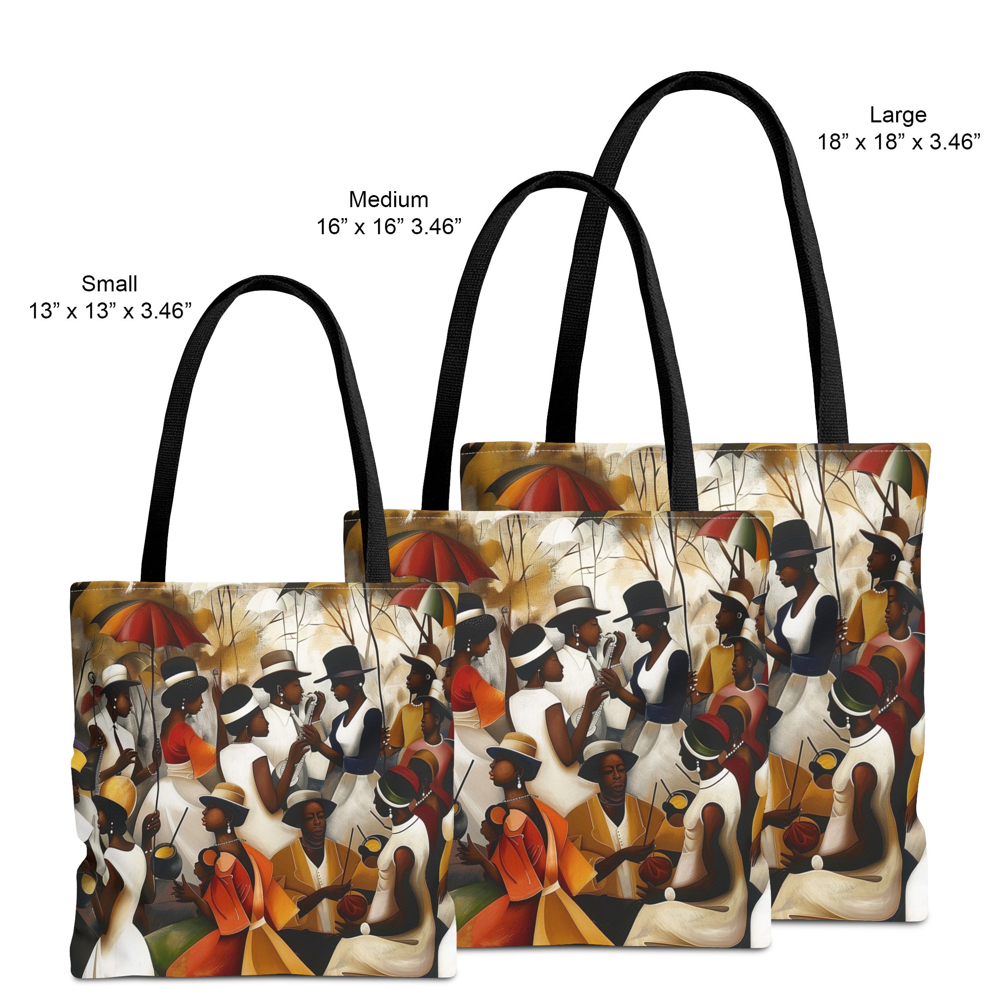 Afrocentric Juneteenth tote bag featuring a joyful Picnic in the Park family reunion celebration with African American community gathering artwork in a colorful urban artistic style.