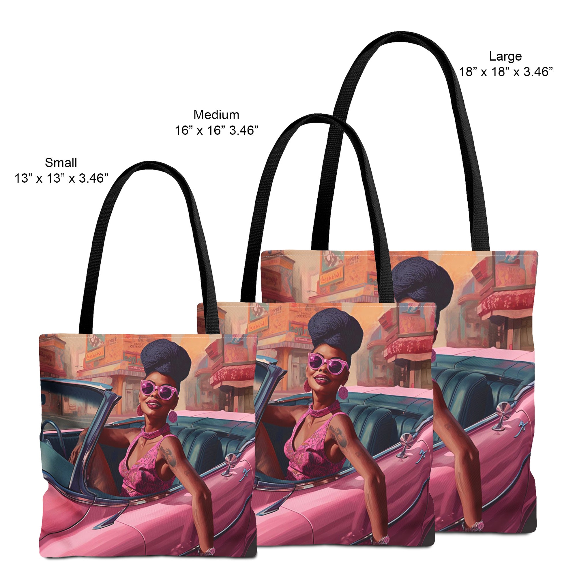 Black Fashionista Tote Bag - small, medium and large views.