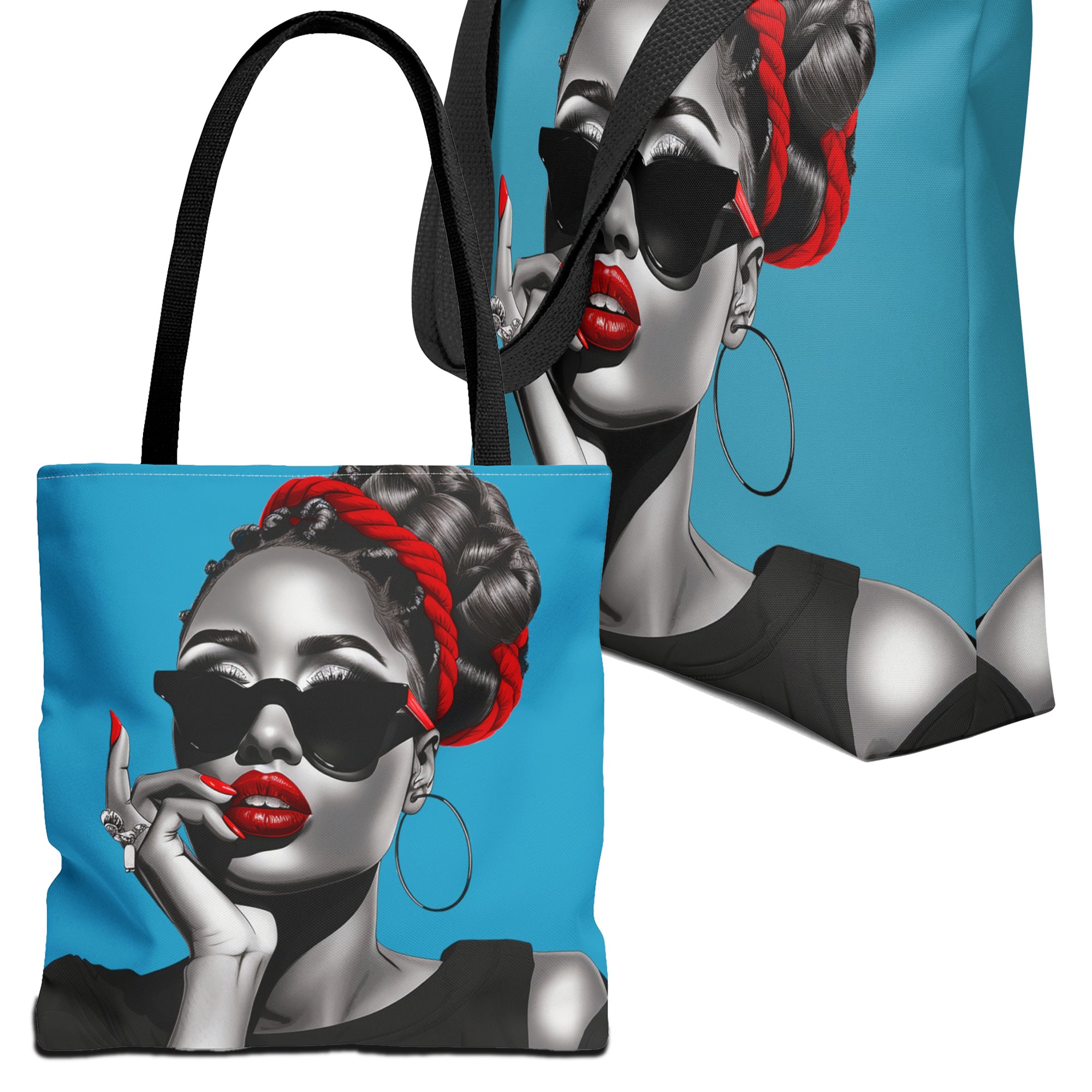 Front view of Black Fashionista Tote Bag - front and side view.