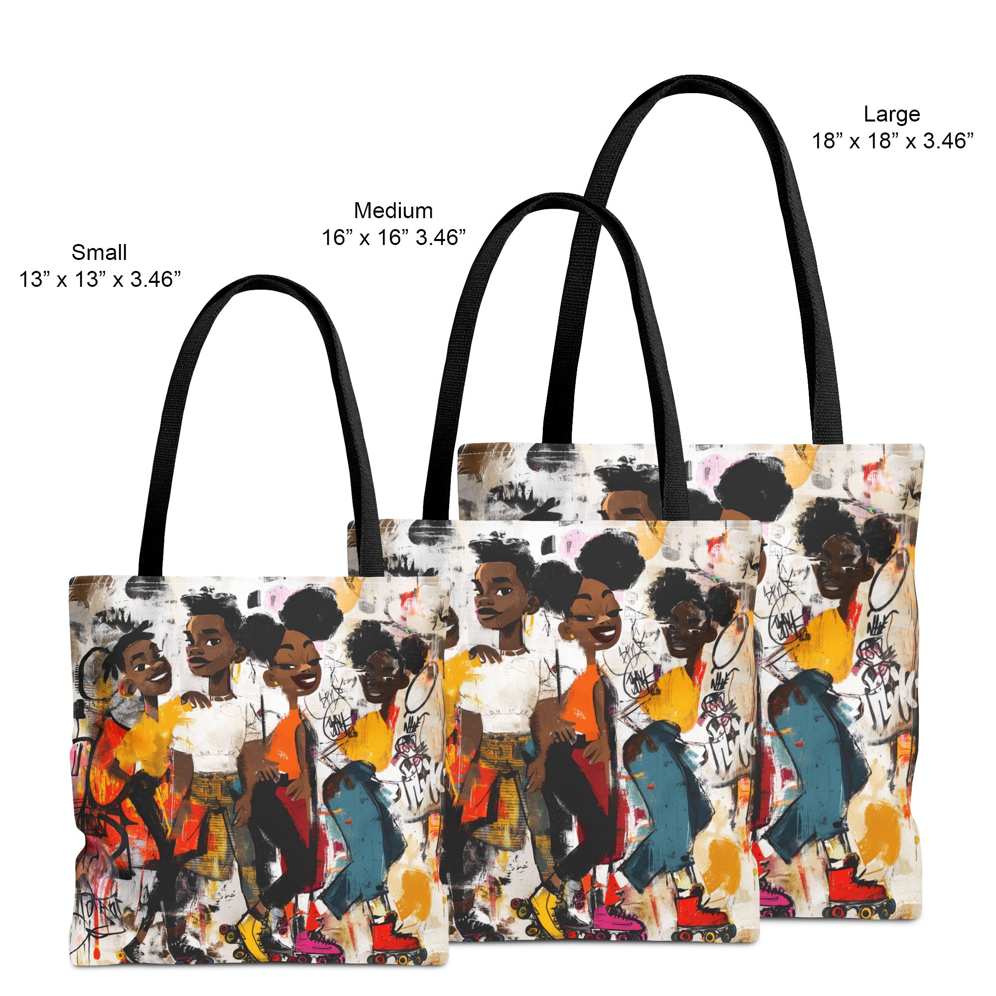 Colorful Afrocentric tote bag featuring abstract graffiti-style cartoon illustrations of Black roller skaters dancing and gliding at a roller rink. Vibrant urban artwork celebrates roller skating culture, Black joy, music, movement, and community.