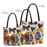 Colorful Afrocentric tote bag featuring abstract graffiti-style cartoon illustrations of Black roller skaters dancing and gliding at a roller rink. Vibrant urban artwork celebrates roller skating culture, Black joy, music, movement, and community.
